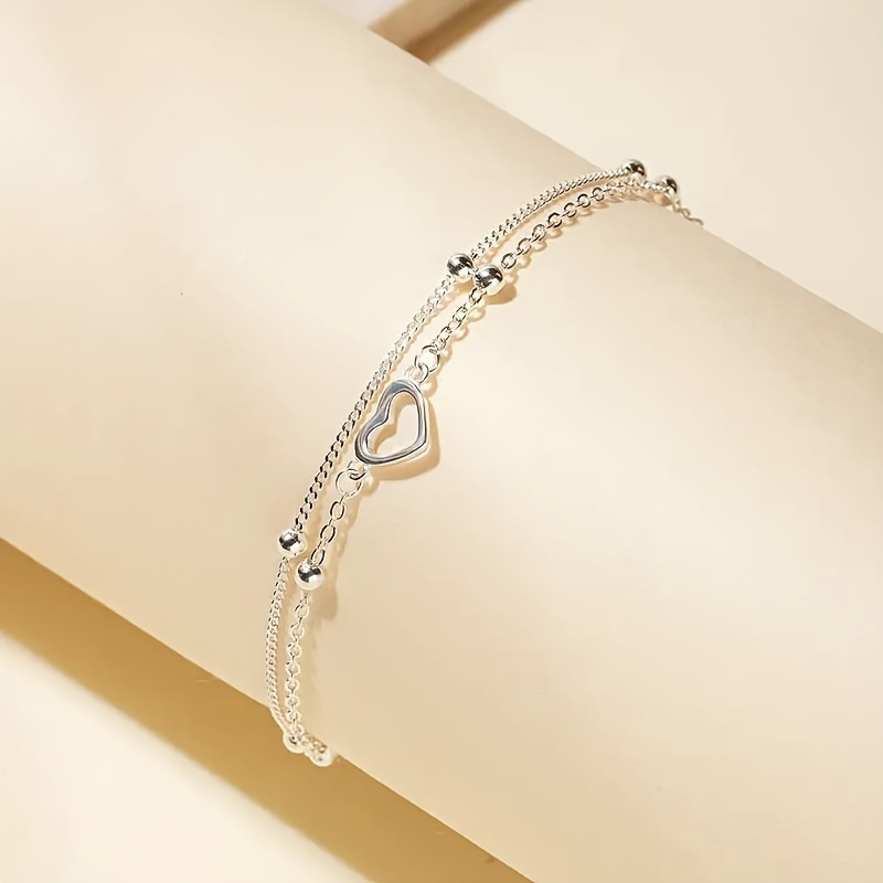 

S925 Sterling Silver Exquisite Double Layer Bracelet Jewelry Hollow Heart Design Small Bead Decor Bracelet Dating Jewelry Gift With Gift Box