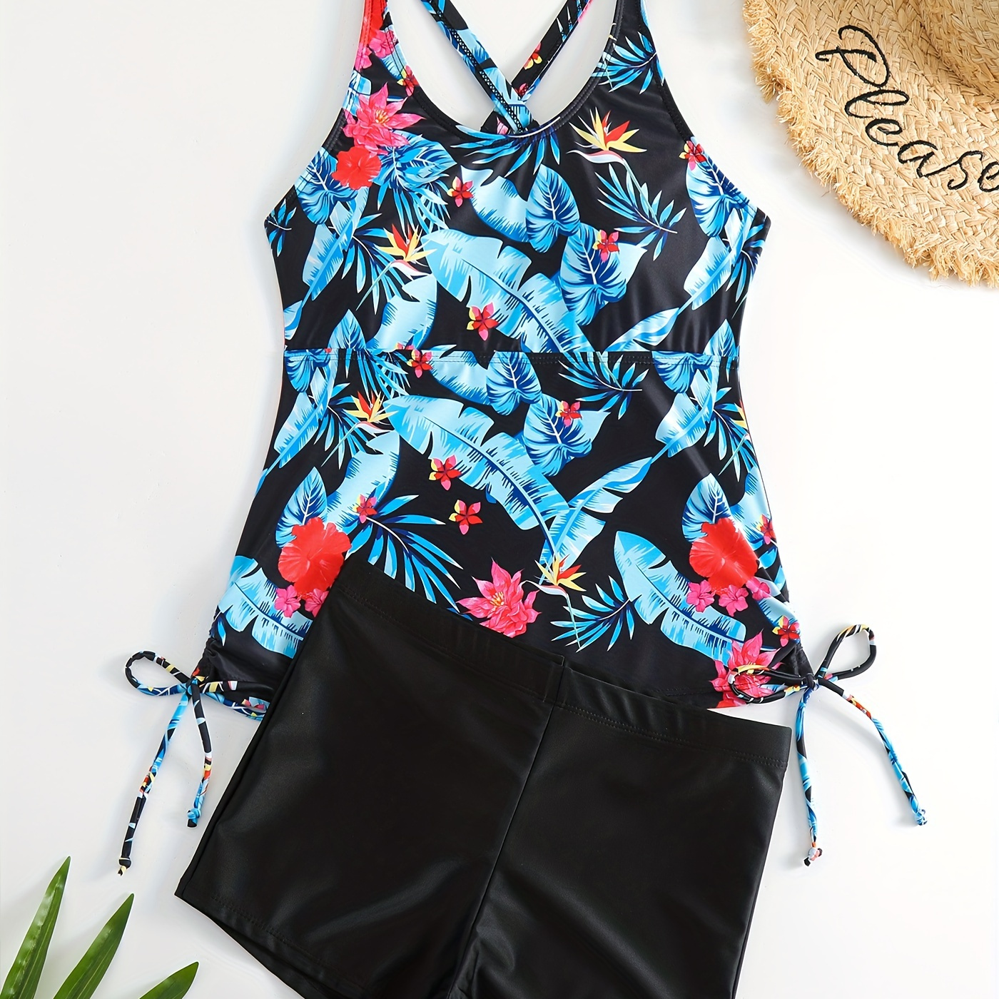 

Random Print Round Neck Tankini Sets, Drawstring Straps Boxer Short Bottom 2 Pieces Swimsuit, Women's Swimwear & Clothing