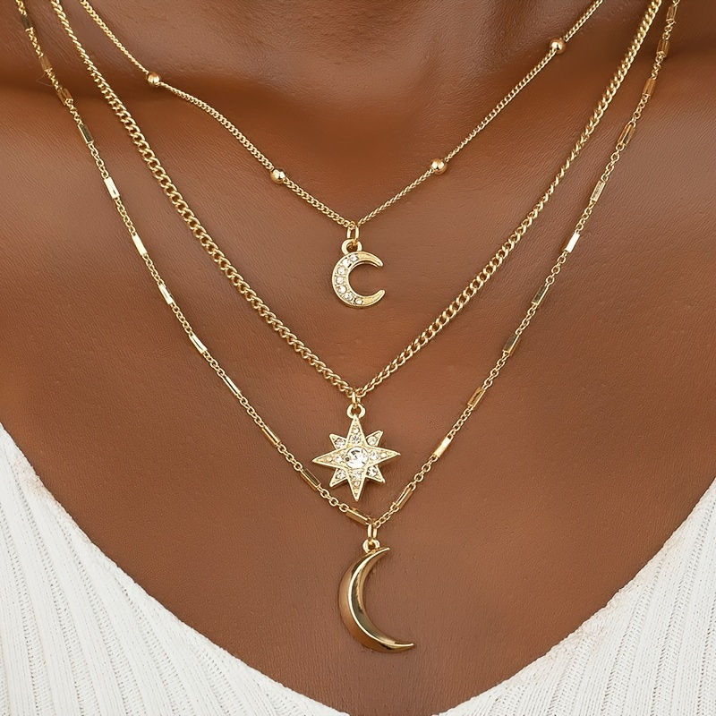 

Three-layer Rhinestones Alloy Star Moon Necklace Golden Neck Jewelry Female Accessories Gift For Eid, Ramadan