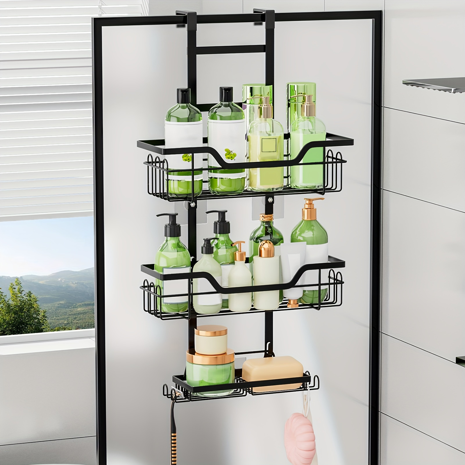 

1pc 3-tier Over-the-door Shower Caddy Rack, Rustproof Cast Iron Hanging Bathroom Organizer With Soap Holder, Space-saving Bath Accessories, Home Decor