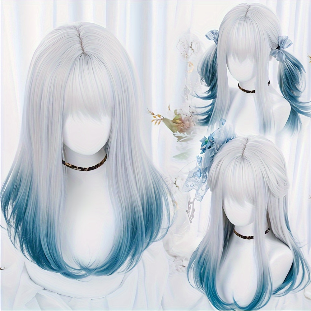 

Synthetic Wig Long Straight Ombre 2 Tone Silvery Grey Blue Hair For Cosplay With Bangs Anime Cosplay Wig Costume Wig