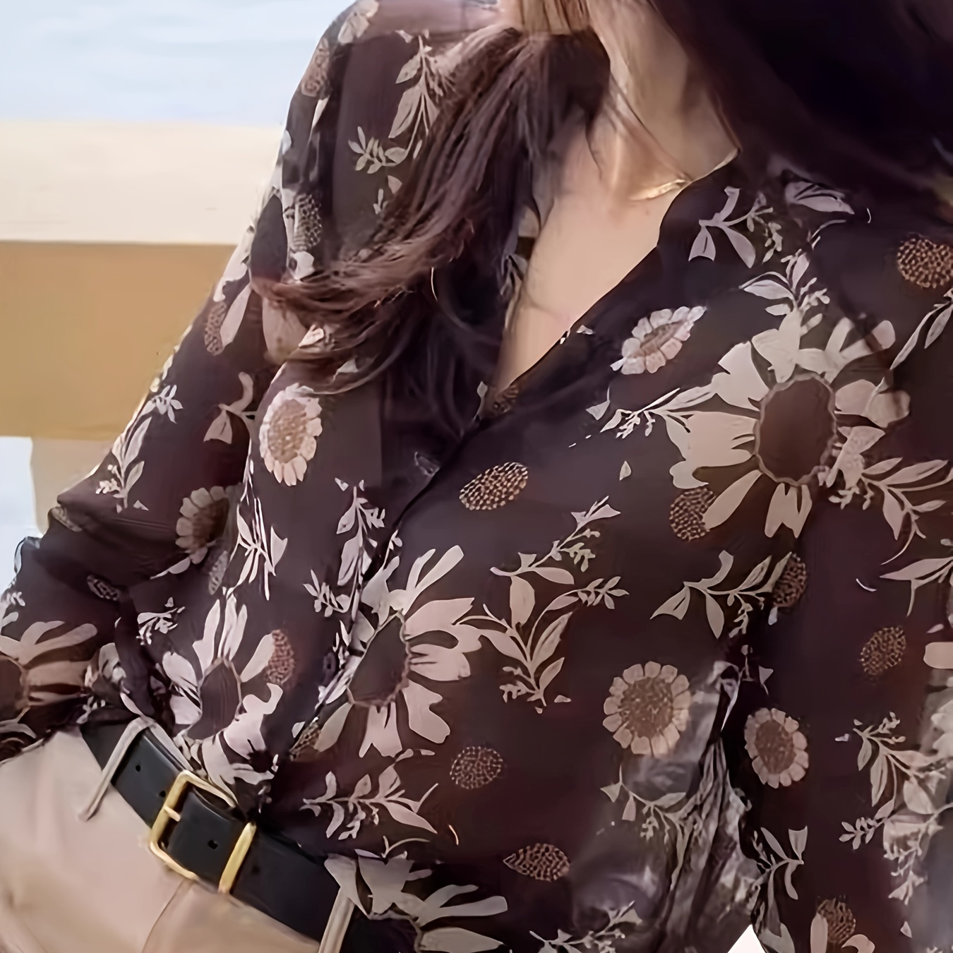 

Print Chiffon Blouse For Women - Long Sleeve, V-neck, Semi-sheer With Button Detail, All