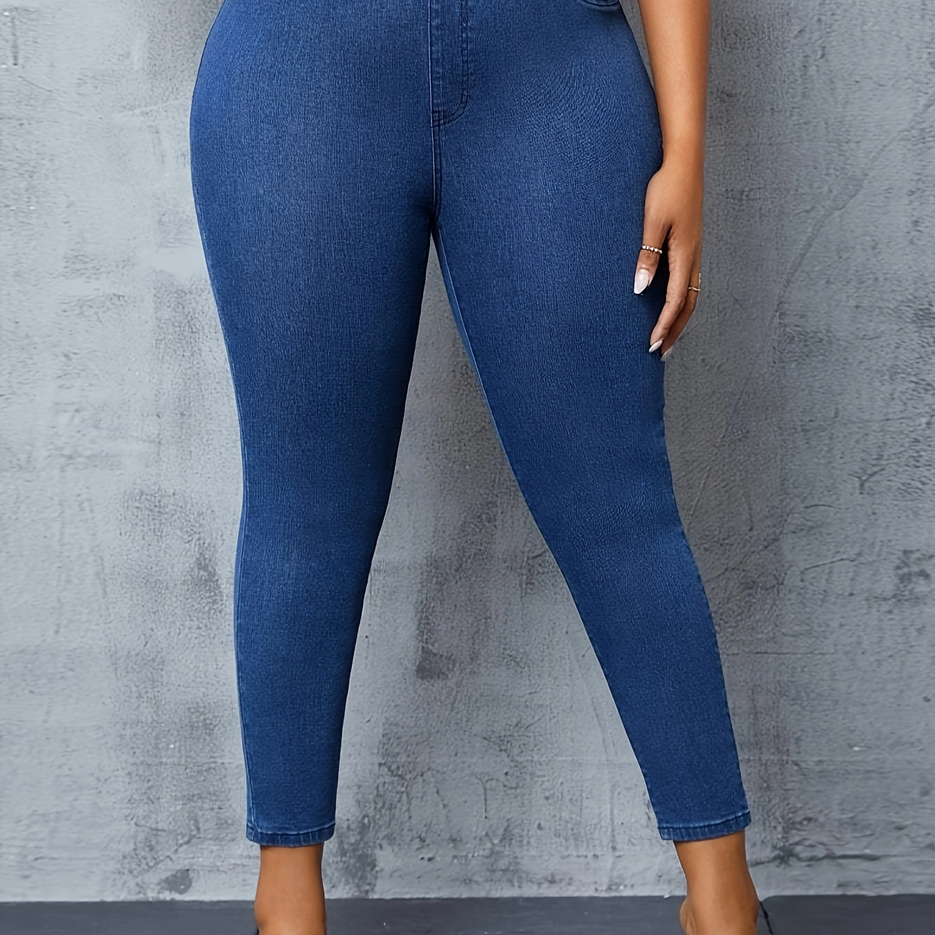 

High-waisted Elastic Skinny Jeans, Plain Washed Blue Slim Fit Denim Pants, Elegant Style, Stretchable Ankle-length Trousers For Women