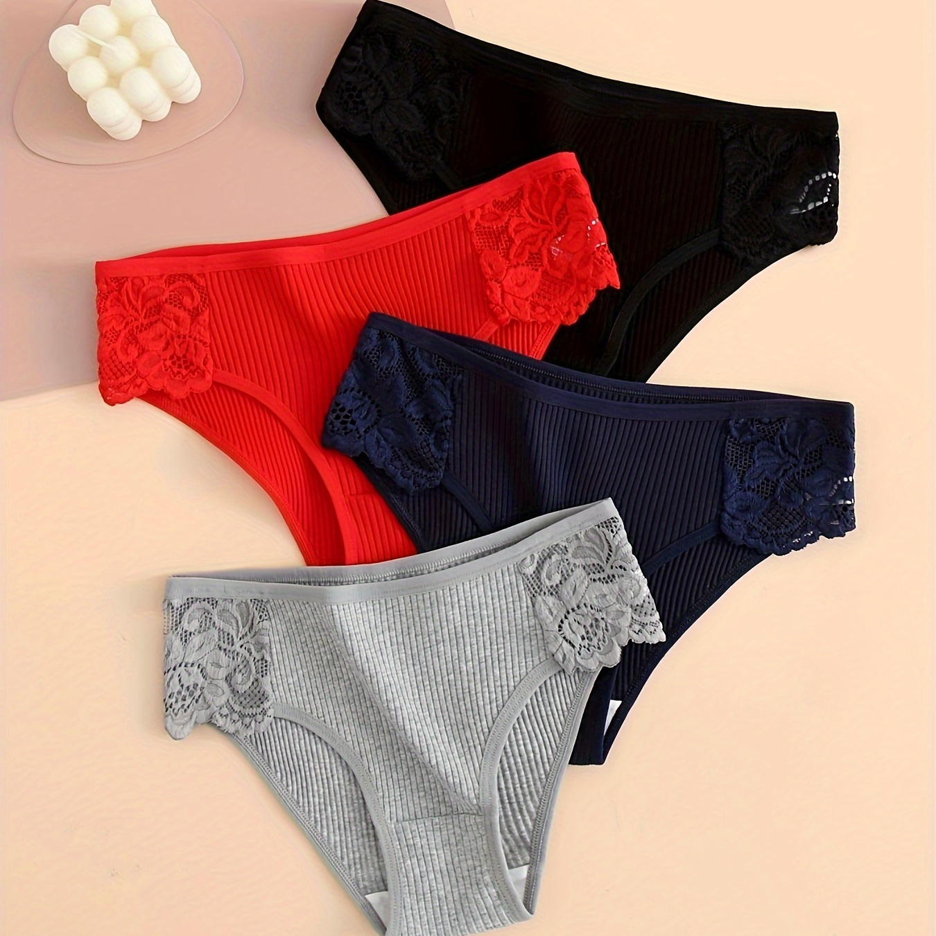

4pcs Contrast Lace Briefs, Comfy & Breathable Ribbed Stretchy Panties, Women's Lingerie & Underwear
