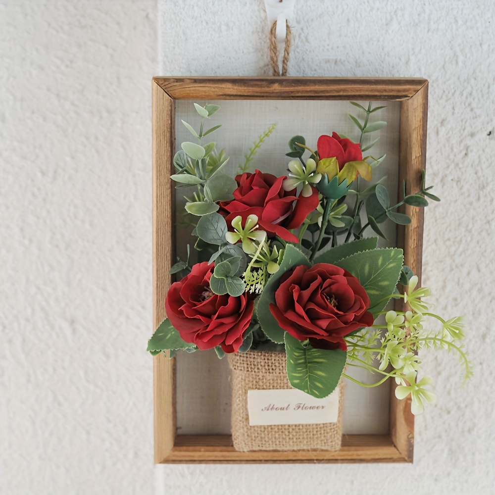  Decoración de pared de ventana falsa, flores rojas colgadas en  una pared blanca en el tradicional pueblo pesquero de lienzo enmarcado,  cuadros impresos, cuadros para dormitorio, sala de estar, decoraciones de