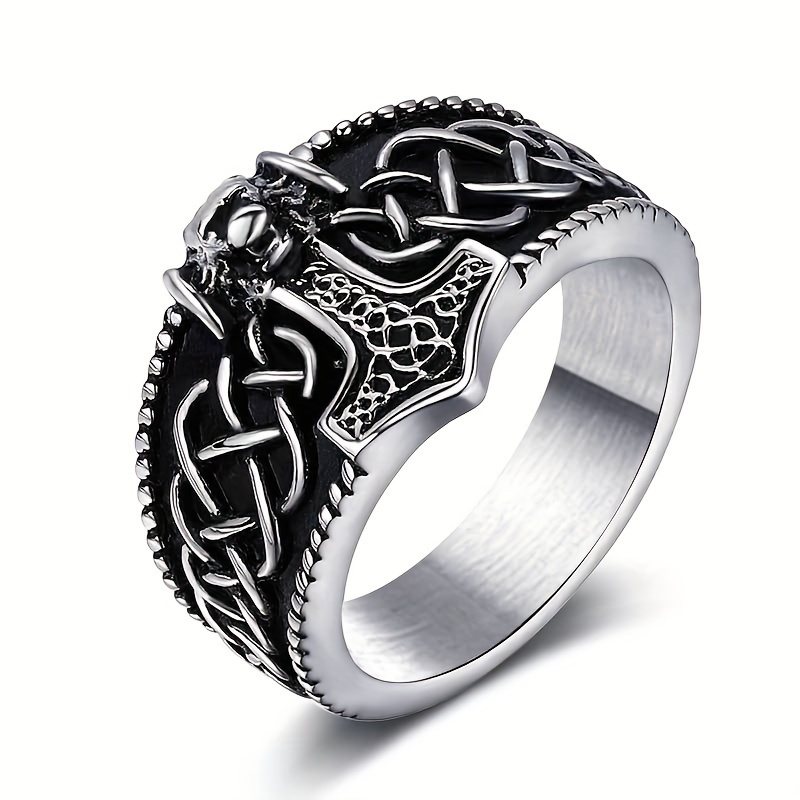 

1pc Thor's Hammer Ring, Men's Lion Stainless Steel Viking Mjolnir Rings, Amulet Jewelry For Man