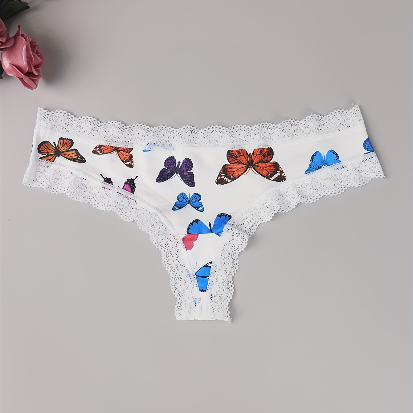 Butterfly & Heart Print Thongs, Soft & Comfy Contrast Lace Stretchy Intimates Panties, Women's Lingerie & Underwear