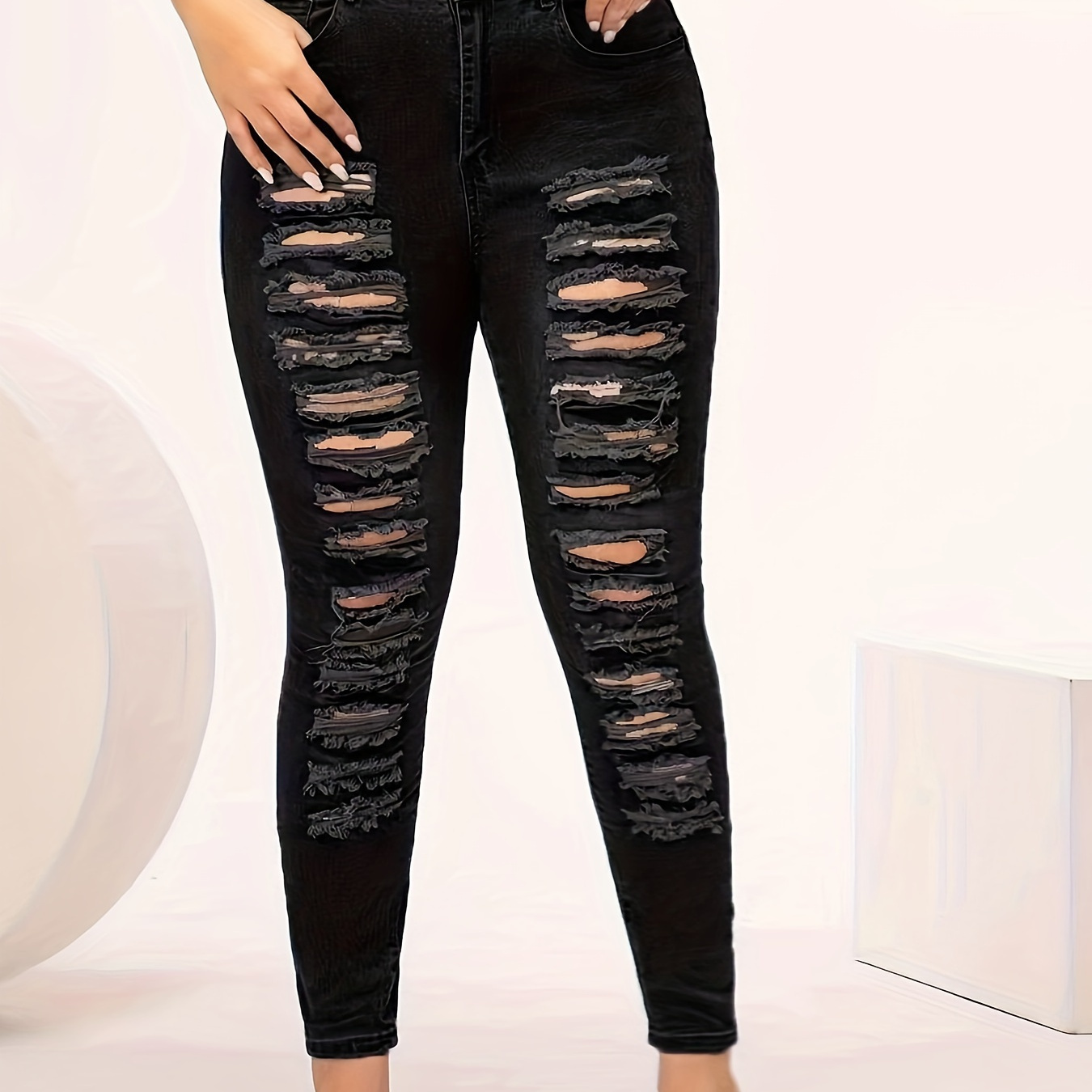 

Women's Black Color Plain Plus Size Ripped Skinny Jeans, Stretchy Slim Fit, Elegant Style, Denim Pants, Casual Wear, Fashion Bottoms