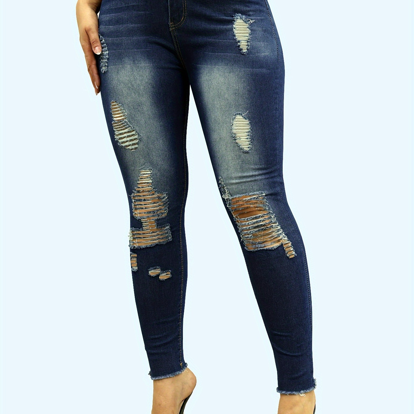 

Ripped Holes Washed Skinny Jeans, Raw Trim High-stretch Fashion Fitted Denim Pants, Women's Denim Jeans & Clothing