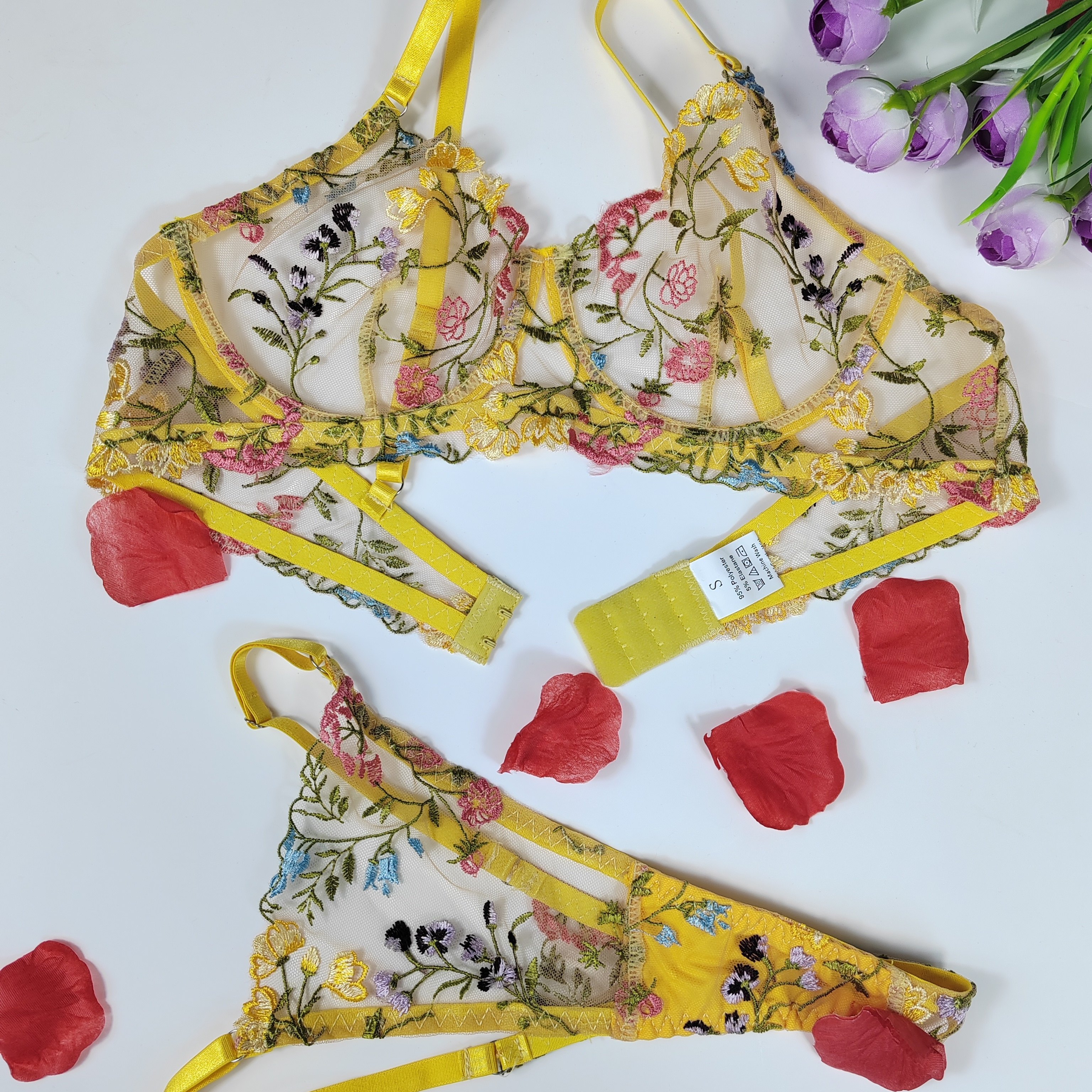 Hot Mesh Embroidery Lingerie Set See Push Bra String Panties - Temu Austria