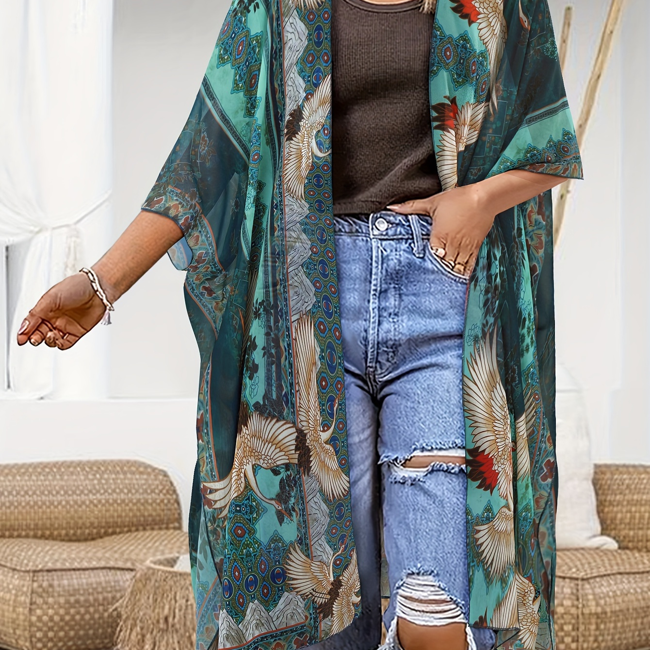 

Bohemian Style Women's Open Front Kimono Cardigan, Casual Elegant Vacation Outerwear With Patchwork Design, Lightweight Beach Cover-up