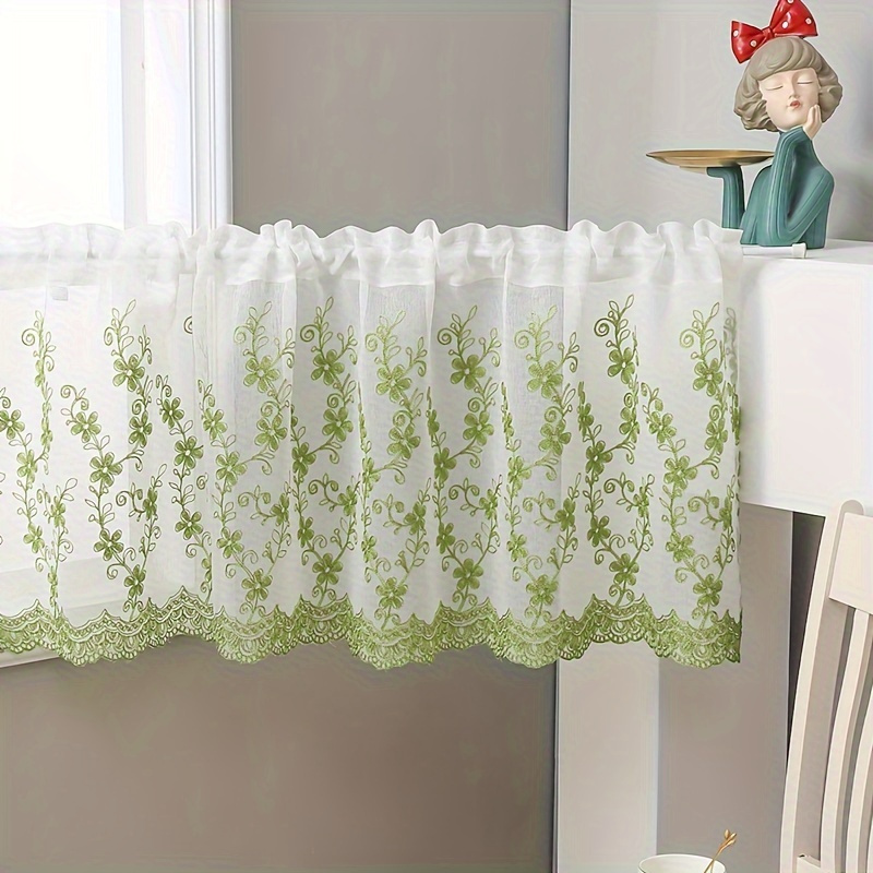 

Green Vine & Floral Embroidered Cafe Curtain - Rod , Semi-sheer For Kitchen, Bedroom, Living Room Decor