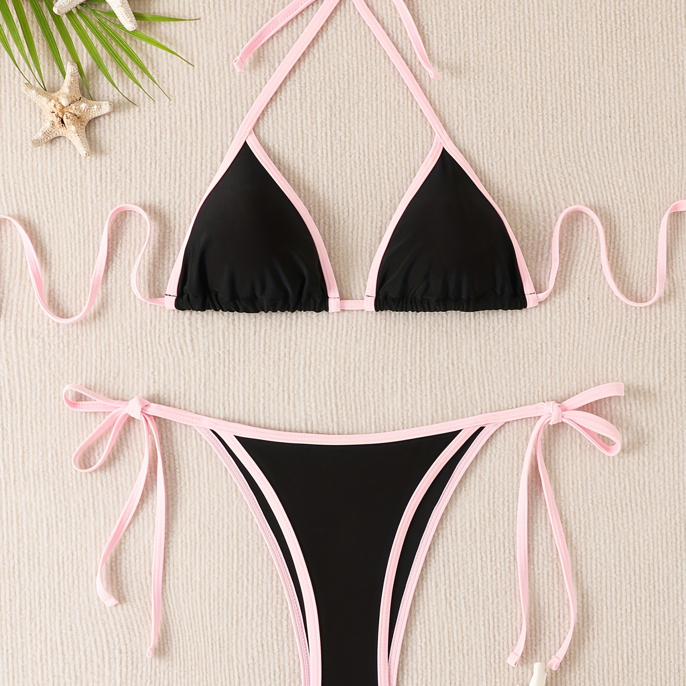 

Contrast Trim Black Peach Color Triangle Halter Neck Drawstring Tie Back Tie Side High Cut 2 Piece Bikini Sets Swimsuit, Women's Swimwear
