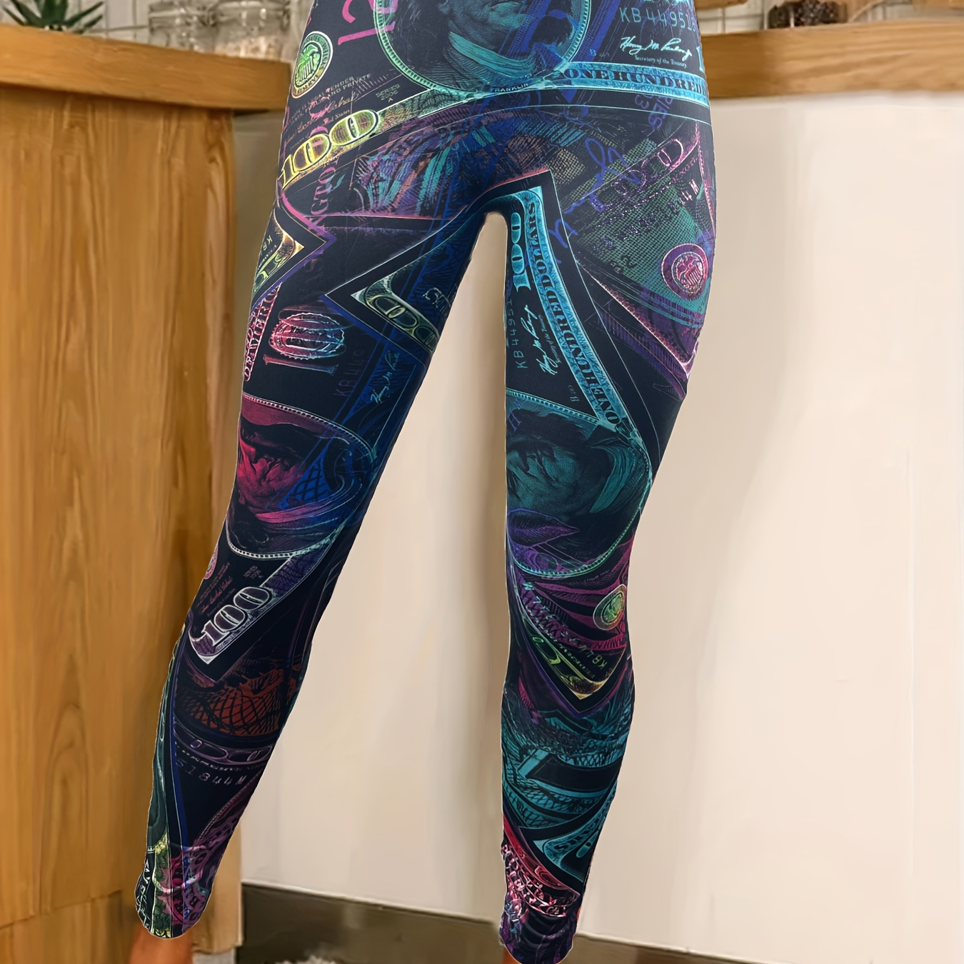 Dollar Print Skinny Leggings, Casual Elastic Waist Stretchy Leggings,  Women's Clothing