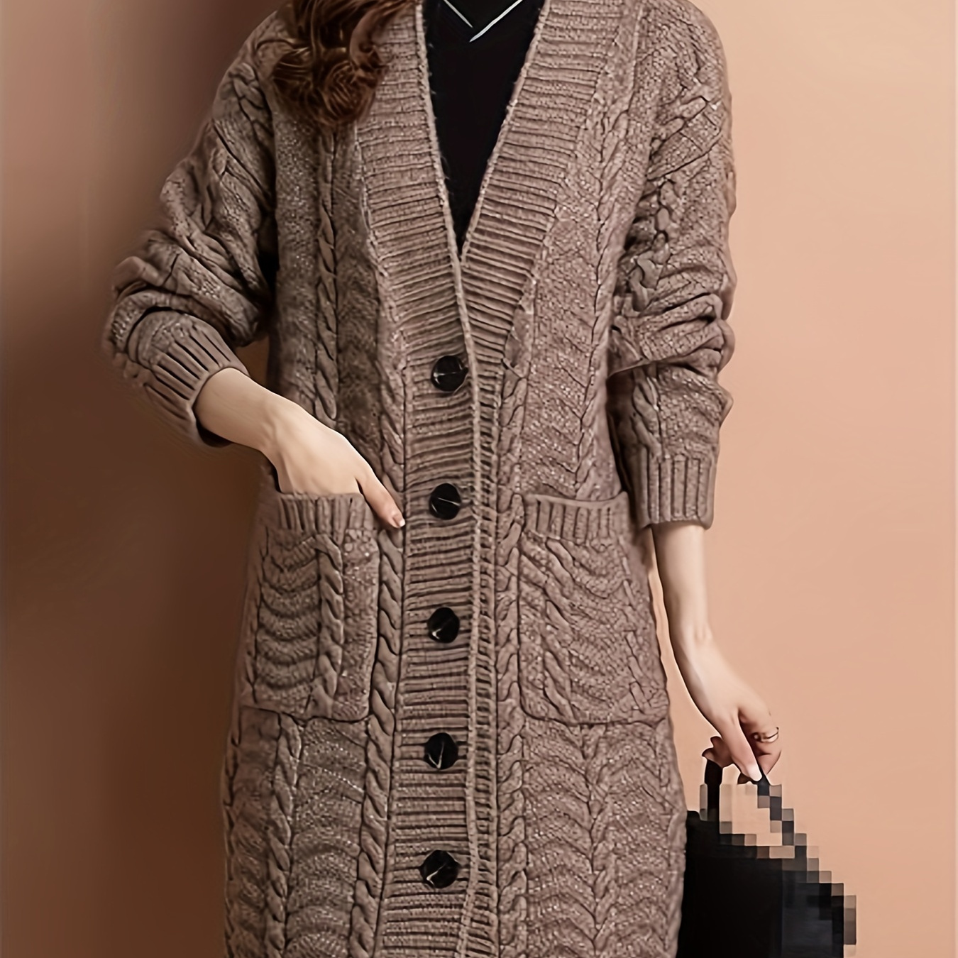 

Women's Acrylic Knit Cardigan Coat - V-neck Long Sleeve Solid Color Sweater With Pockets, Loose Fit Spring/fall Outerwear, No Belt - D41