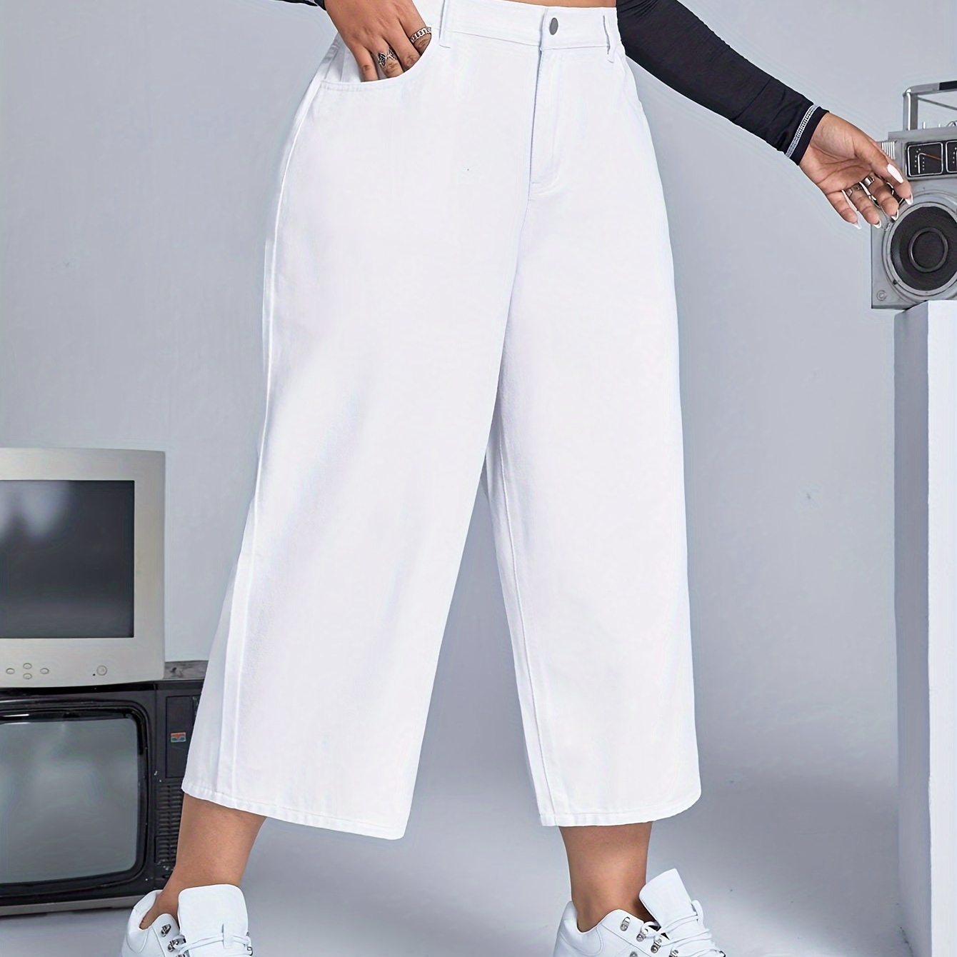 

Women's Plus Size Casual White Wide-leg Pants, Loose Fit Palazzo Trousers, Comfortable High-waist Design For Everyday Wear