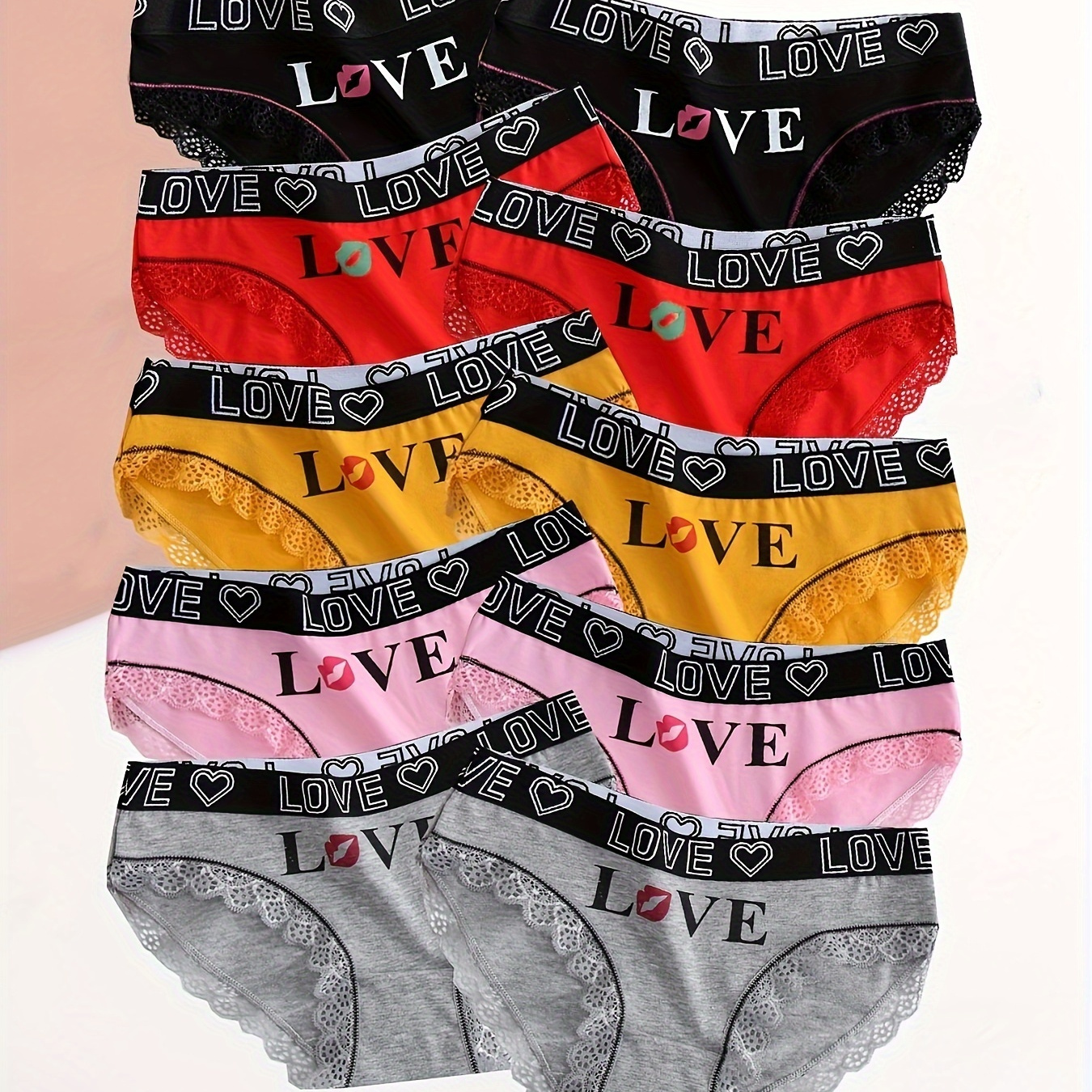 

10pcs Letter Print Briefs, Contrast Lace Scallop Trim Panties, Women's Lingerie & Underwear