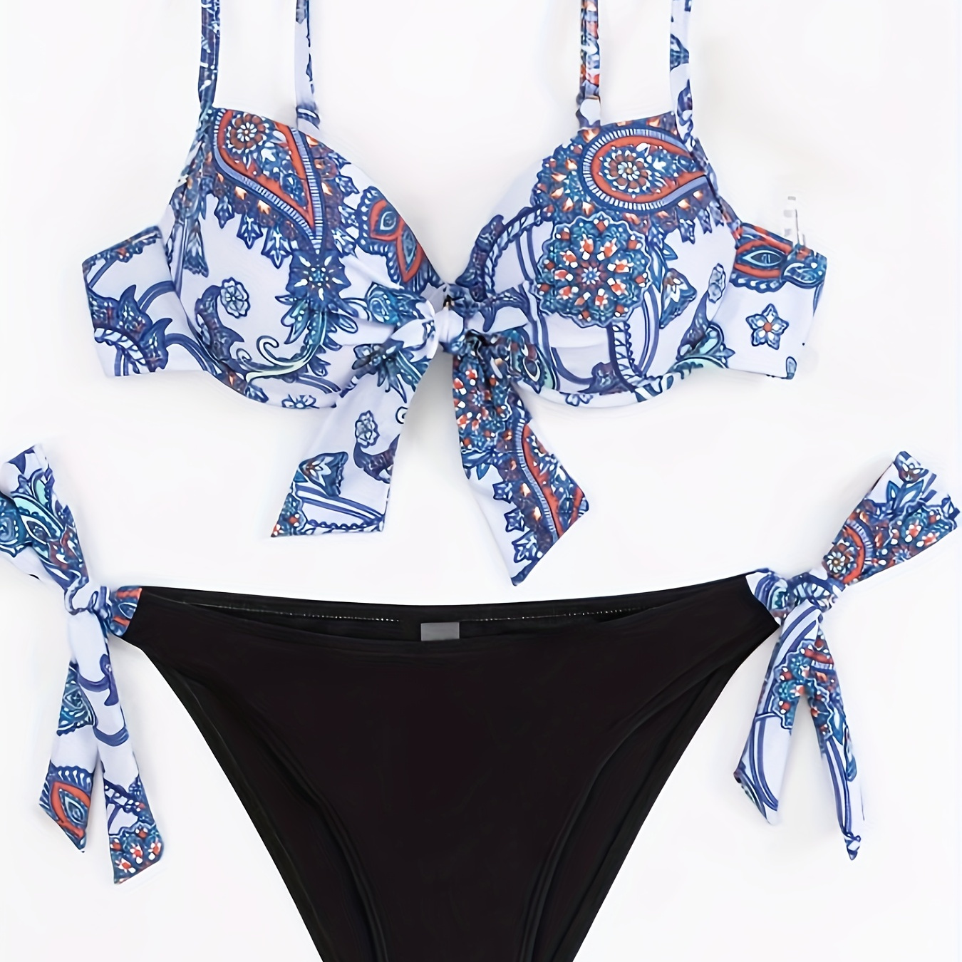 

Blue Paisley Floral Print 2 Piece Set Bikini, Knot Front Spaghetti Strap Bow Tie Underwire Push Up Stretchy Swimsuits, Women's Swimwear & Clothing