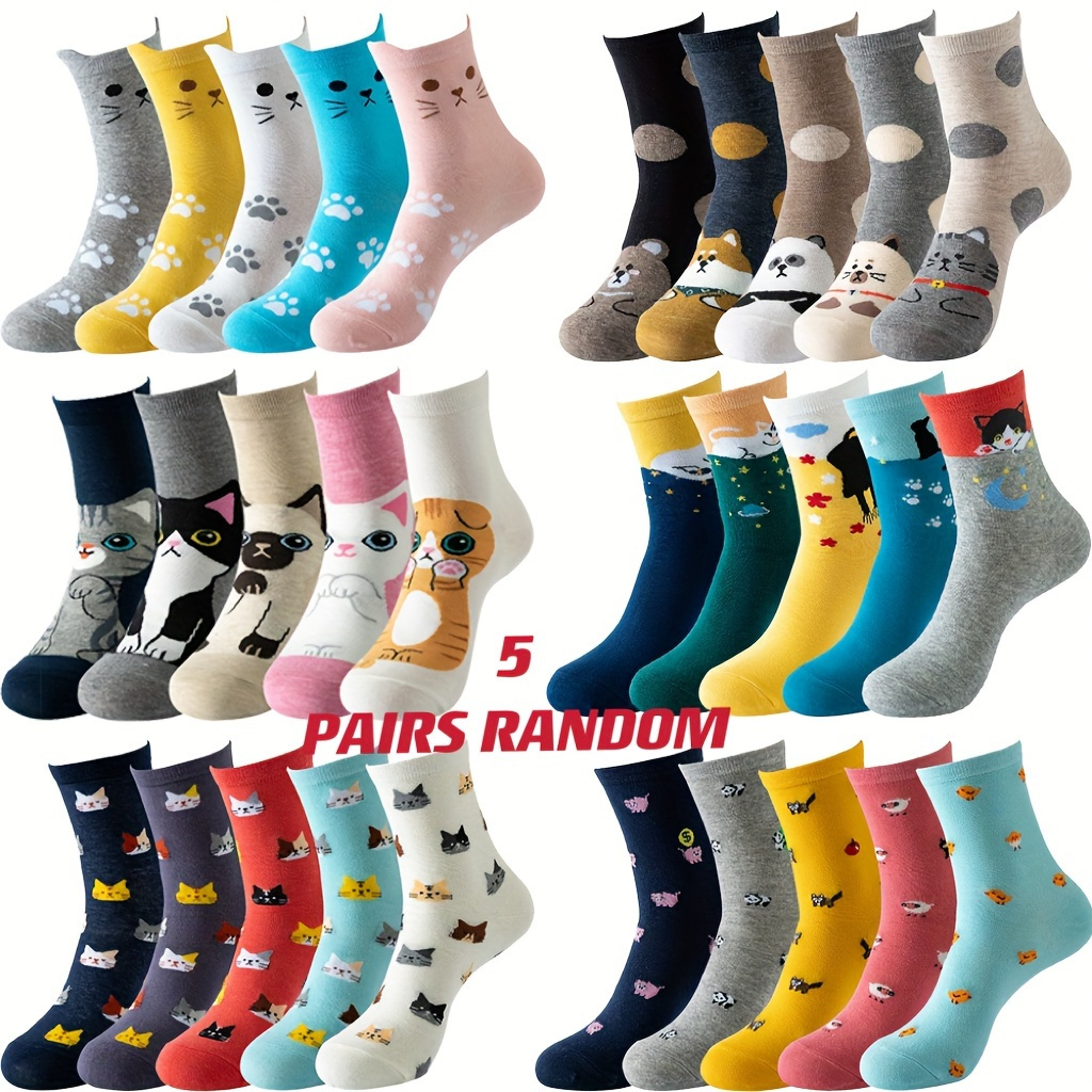 

5 Pairs Cartoon Animal Socks, Cute & Breathable Mid Tube Socks, Women's Stockings & Hosiery