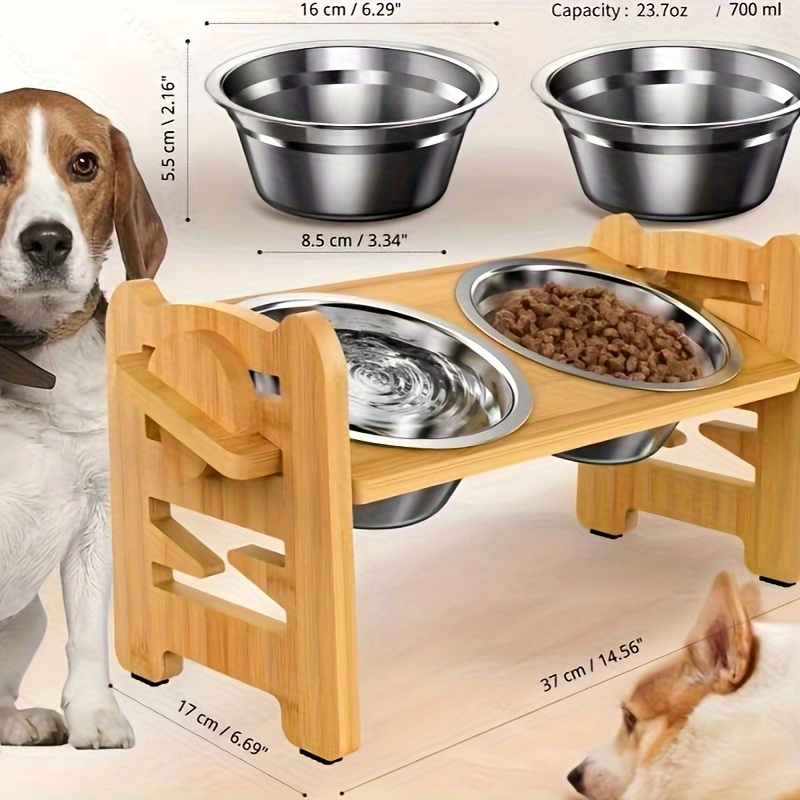 

Elevated Bamboo Cat Feeder Stand With Stainless Steel Double Bowls, Height Adjustable Dog Feeder Station For Indoor Cats