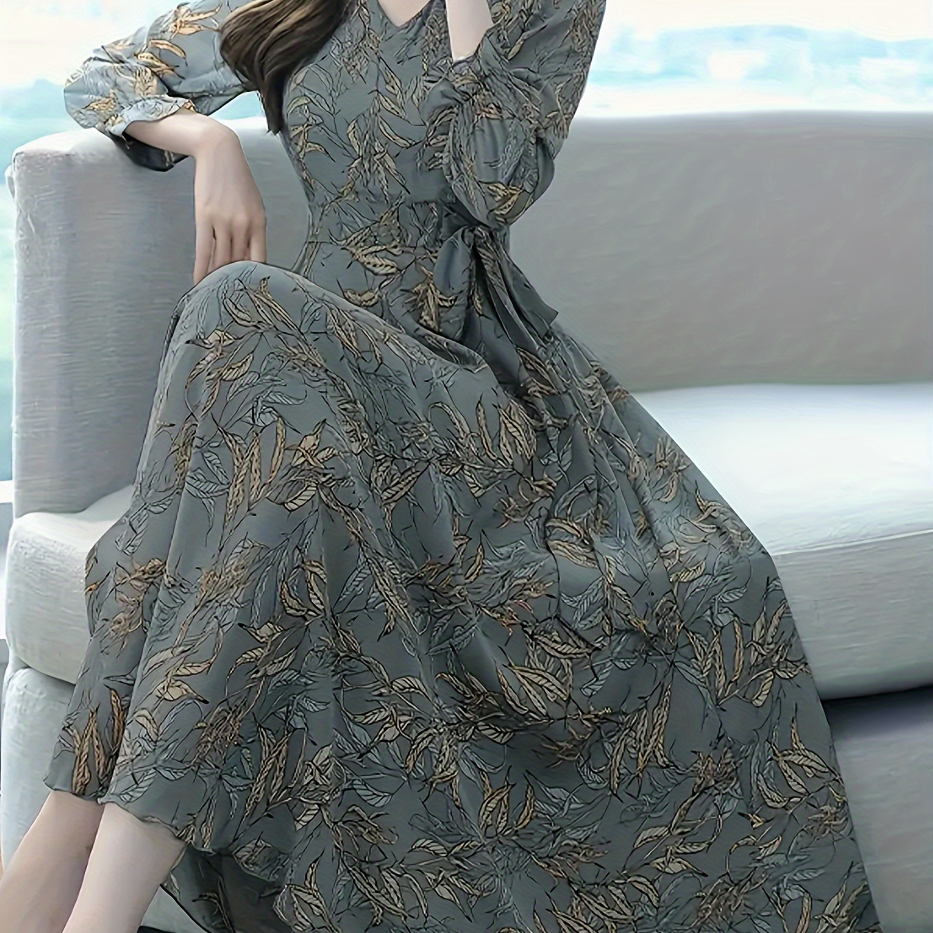 

Flow, Elegant Floral Midi Dress With V-neck - Long Sleeve, Casual & Formal , Women' Essential