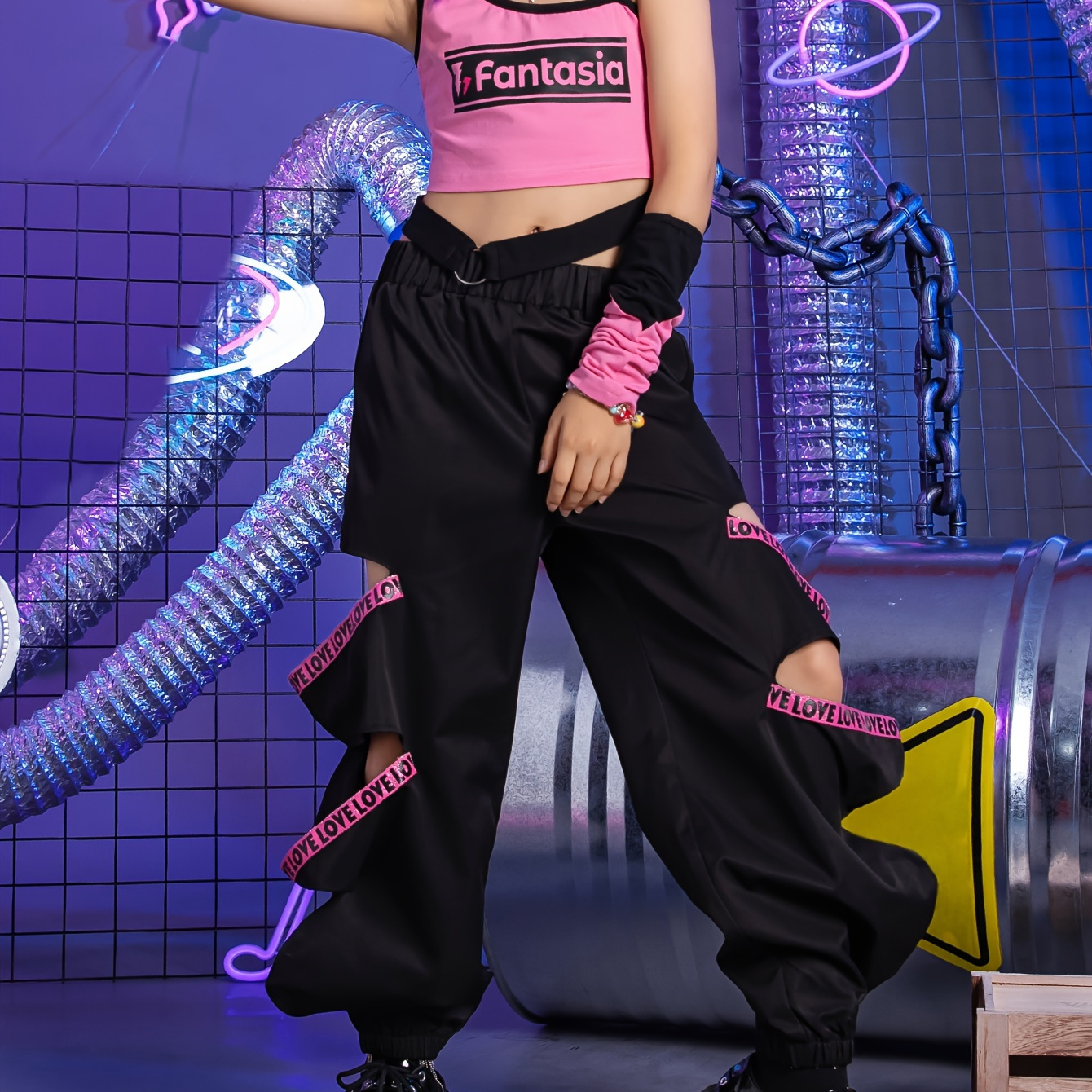 女の子用y2kダンス ア レタリング＆ フルレングスパンツ ストラップ