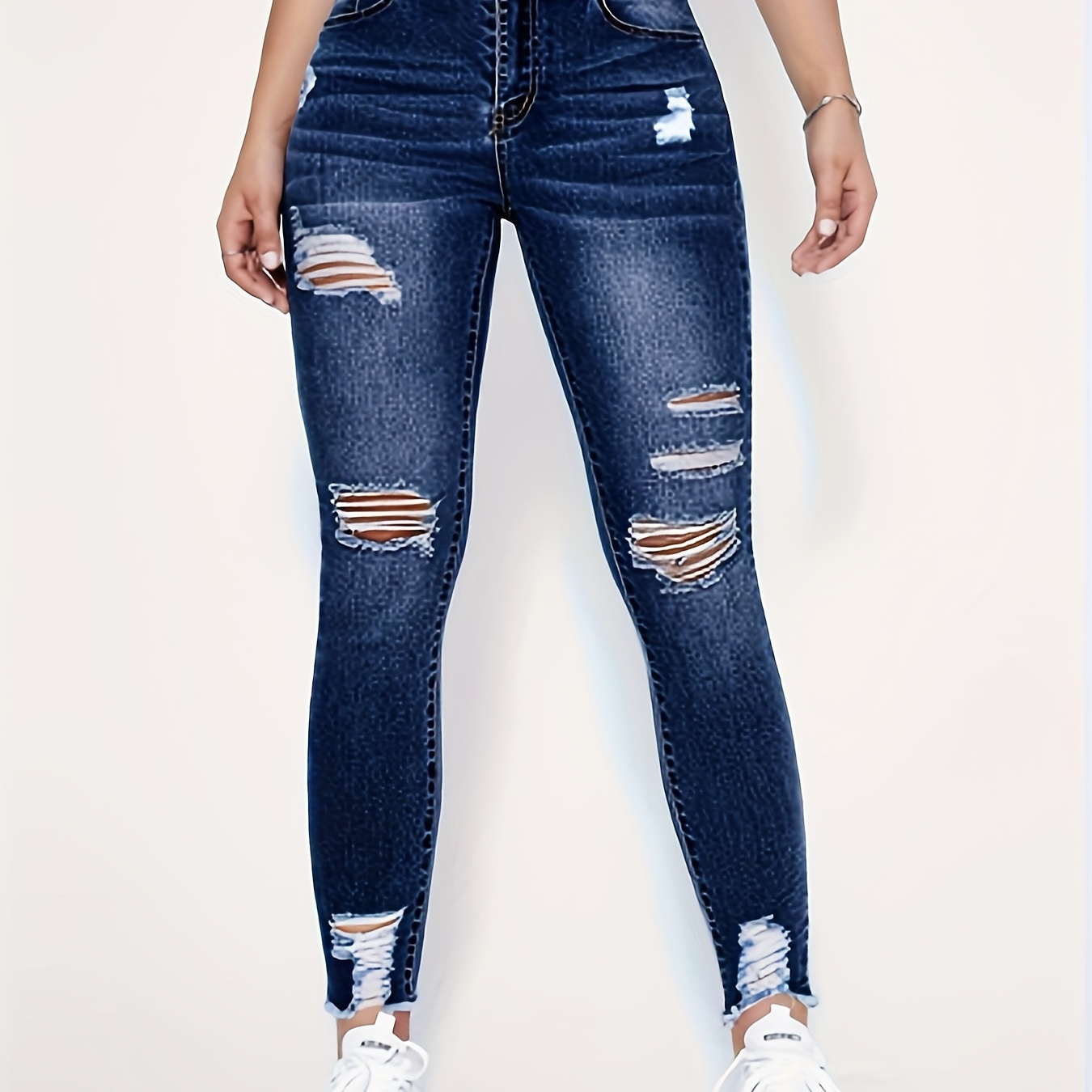 

Women's Stretch High-waist Ripped Skinny Jeans, Distressed Denim Pants With Frayed Hems, Street Style Fashion, Blue Wash Suit For Autumn