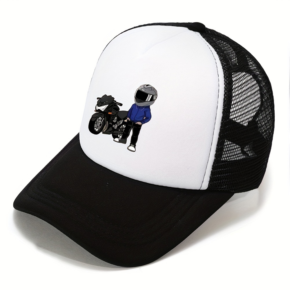 

Cool Breathable Classic Baseball Cap, Motorcycle Man Print Hippie Trucker Hat, Snapback Hat For Casual Leisure Outdoor Sports