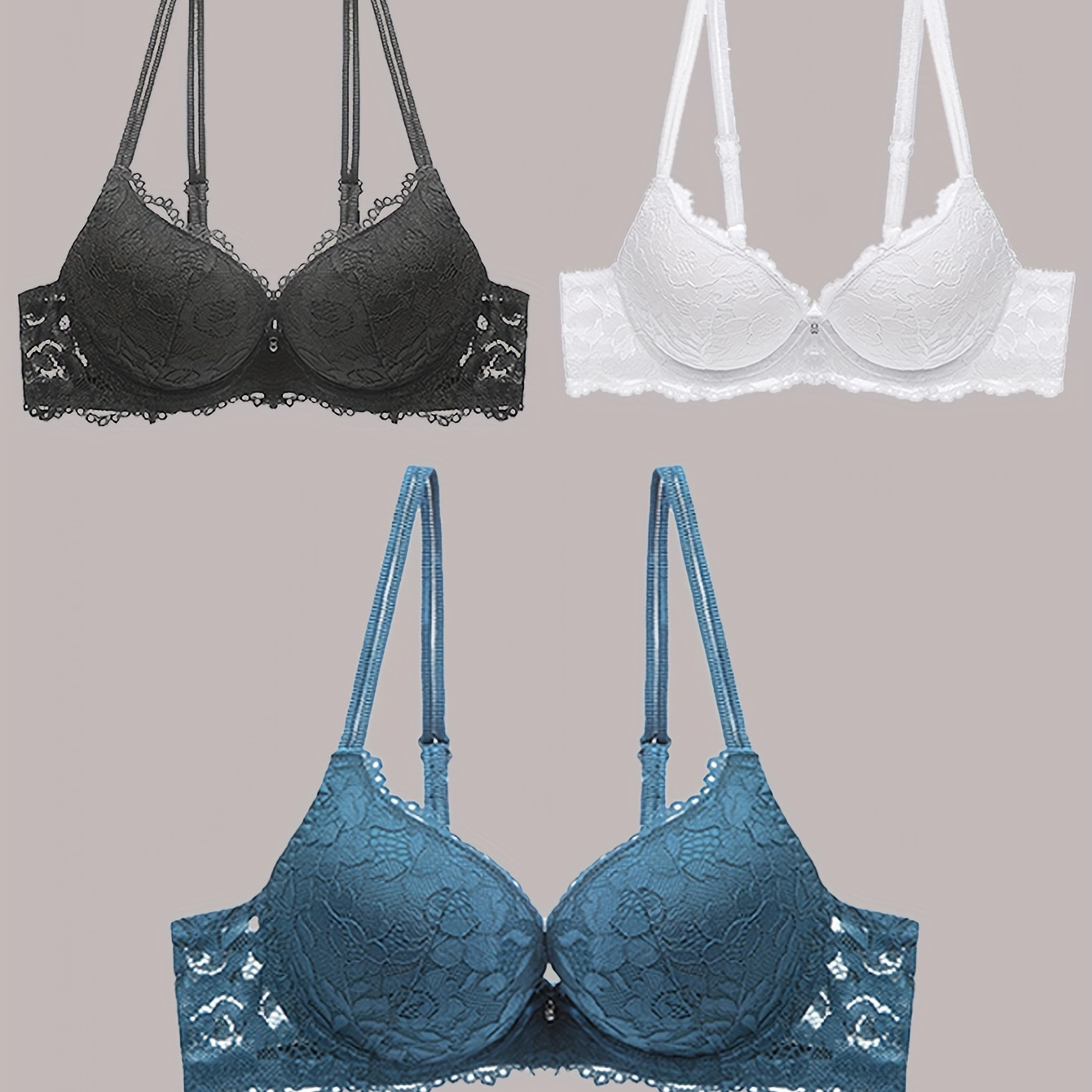 

3pcs Elegant Lace Push-up Bras For Women - Comfortable & Breathable, Full Coverage Underwire Support, Non-padded, In Black, White, & Blue With Floral Lace Design