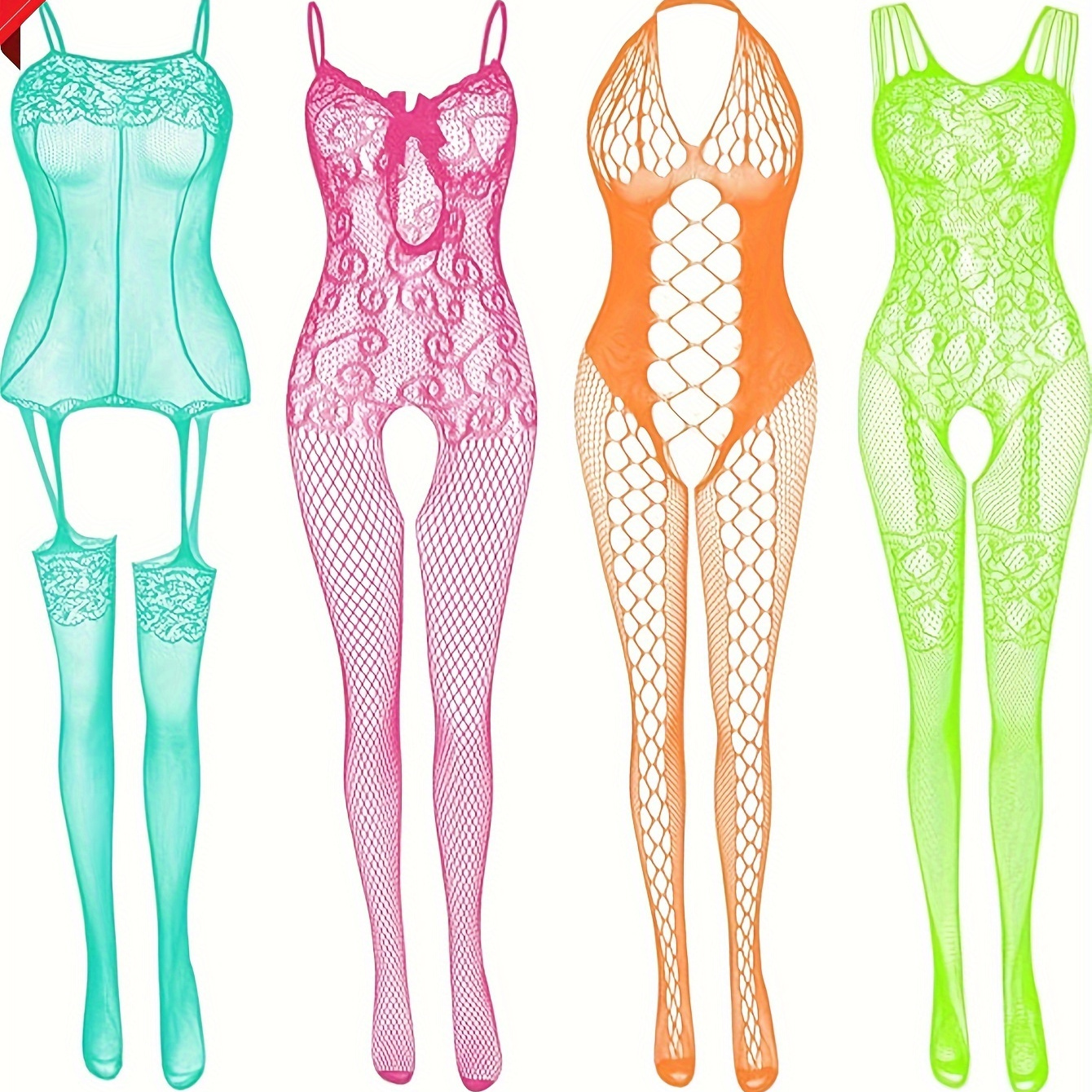 

4pcs Women's Plus Bodystockings, Plus Size Hollow Out Jacquard Open Crotch Stretchy Full Body