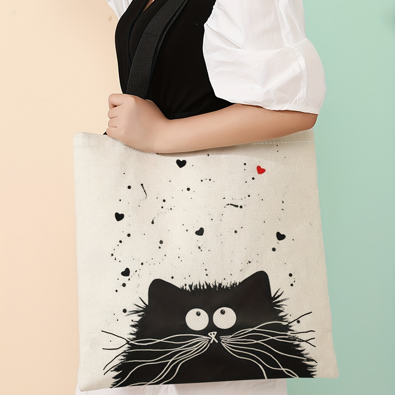 

Large Capacity Canvas Tote Bag With Black Cat And Heart Prints – , Reusable Shoulder Bag For Shopping, Beach, And Use, Canvas Bag