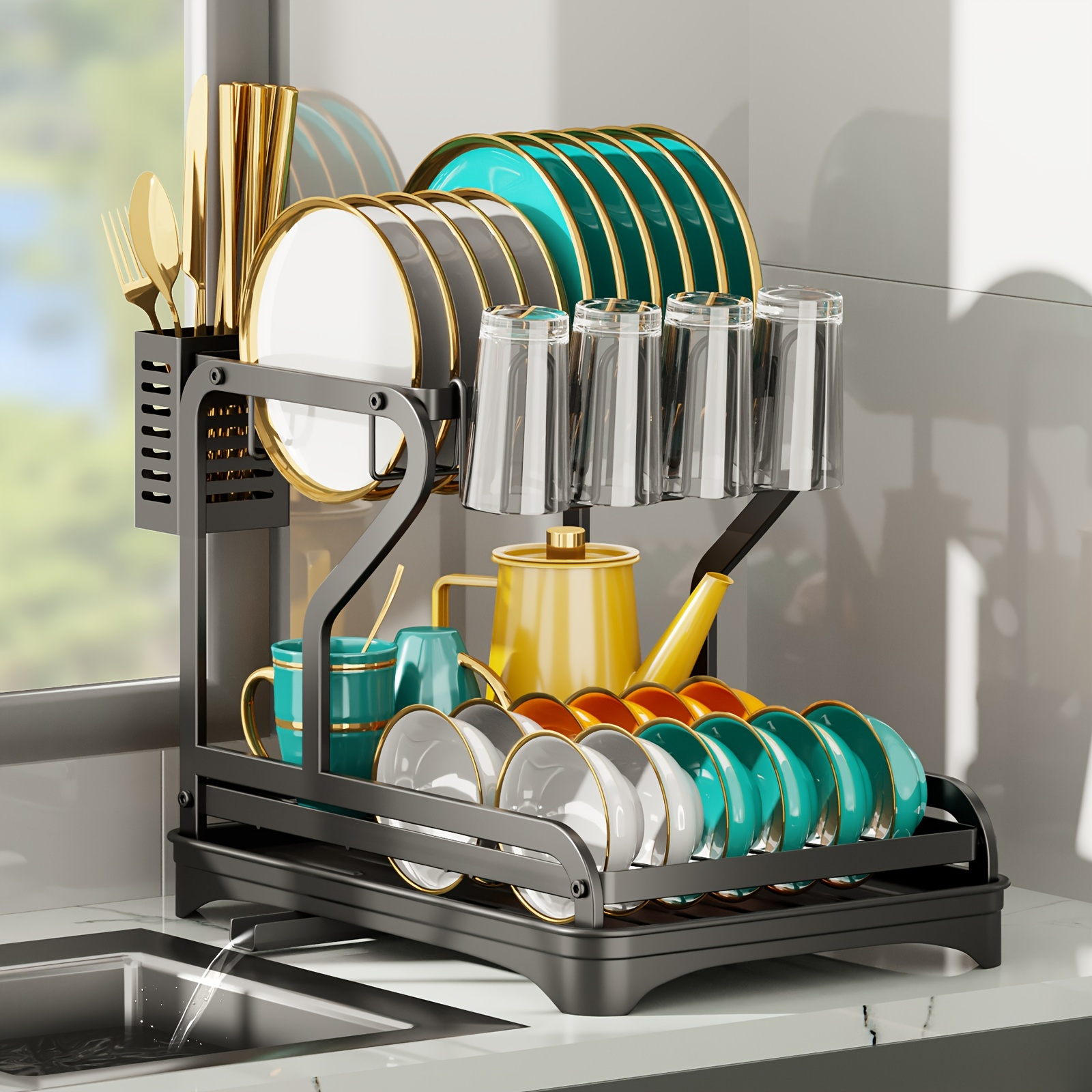 Multifunctional Extendable Dish Rack With Cutlery Cup - Temu