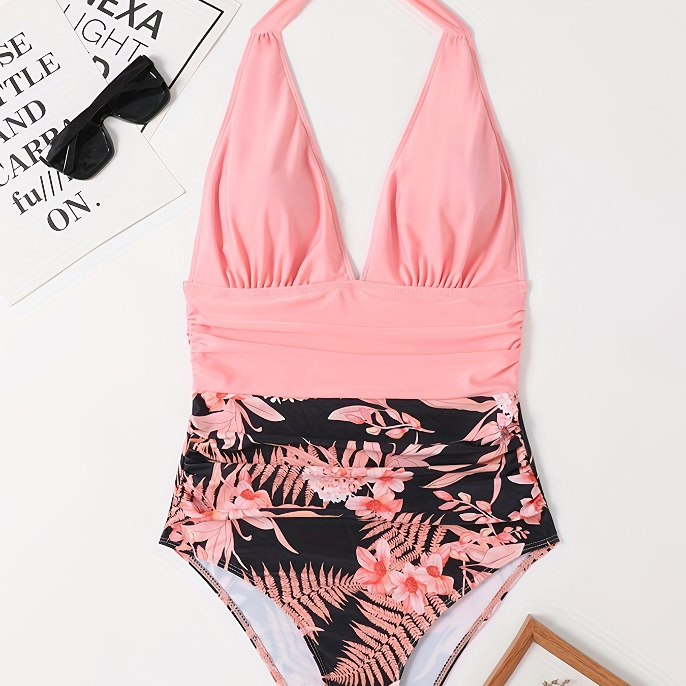 Cupshe Tummy Control One Piece Swimsuit Size S Color Pink/ Leaves Print