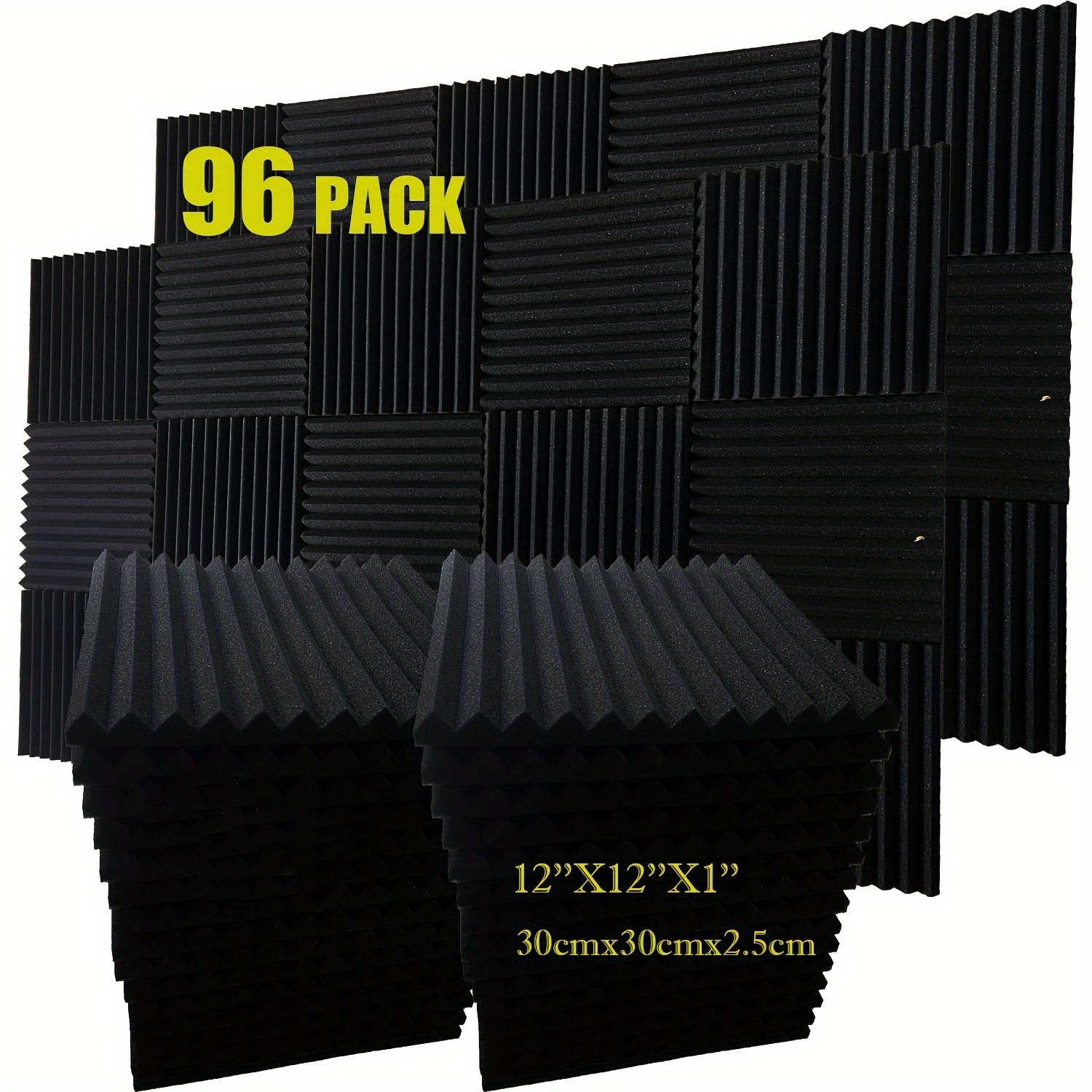 

96pcs Panneaux Acoustiques en Mousse Noire, 12x12x1 Pouces - Panneaux Muraux Insonorisants pour Studio, Chambre, Bureau, Gym, Décoration Maison, Panneaux Muraux Acoustiques