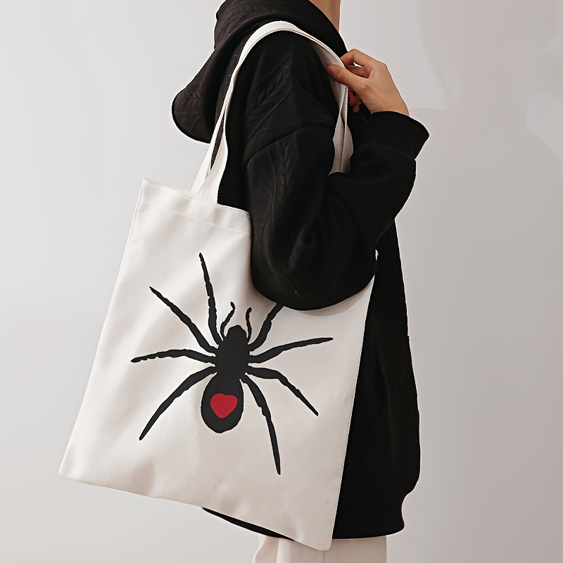 

Spider Pattern Double-sided Printed Casual Tote Bag, Multifunctional Handbag, Letter Printed Canvas Shopping Bag