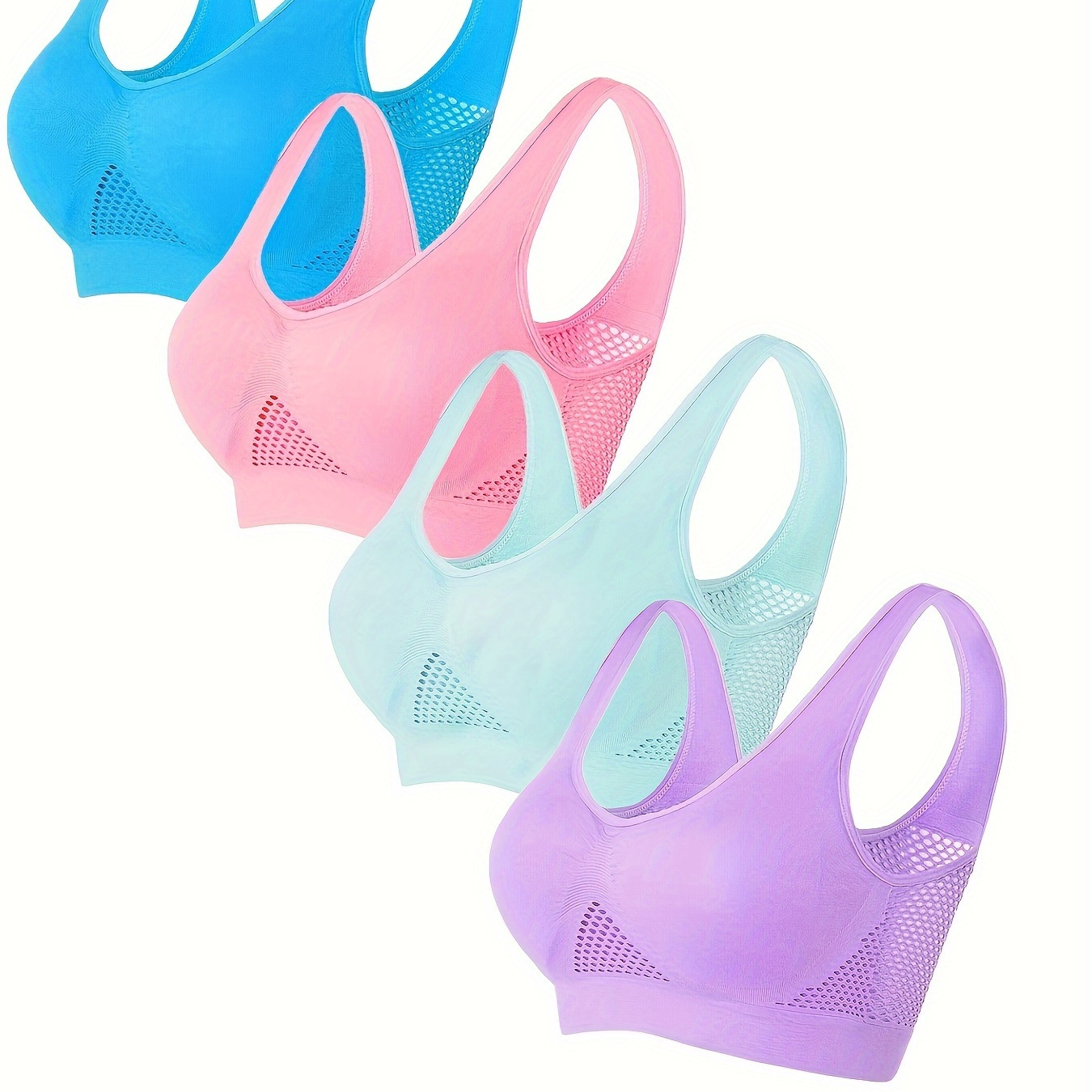 

4pcs Solid Mesh Contrast Wireless Bra, Sporty & Comfy Breathable Bra, Women's Lingerie & Underwear