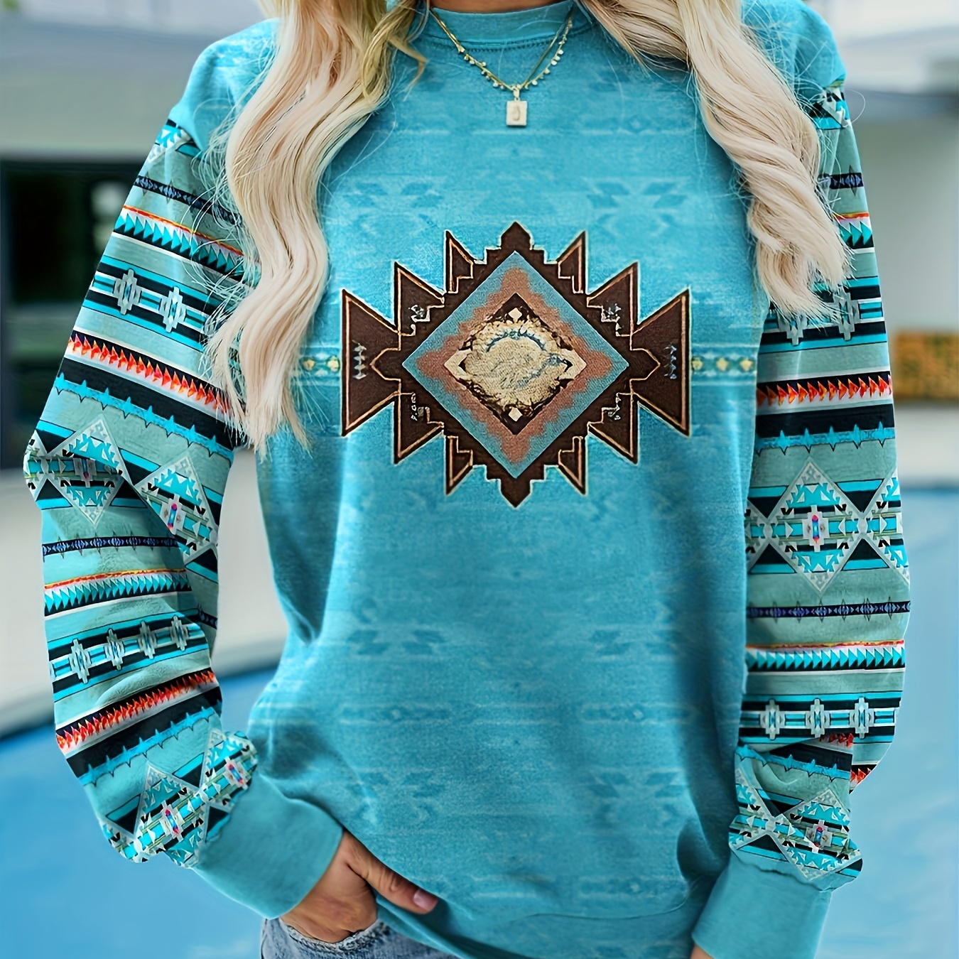 

Geometric Print Pullover Sweatshirt, Casual Long Sleeve Crew Neck Sweatshirt, Women's Clothing