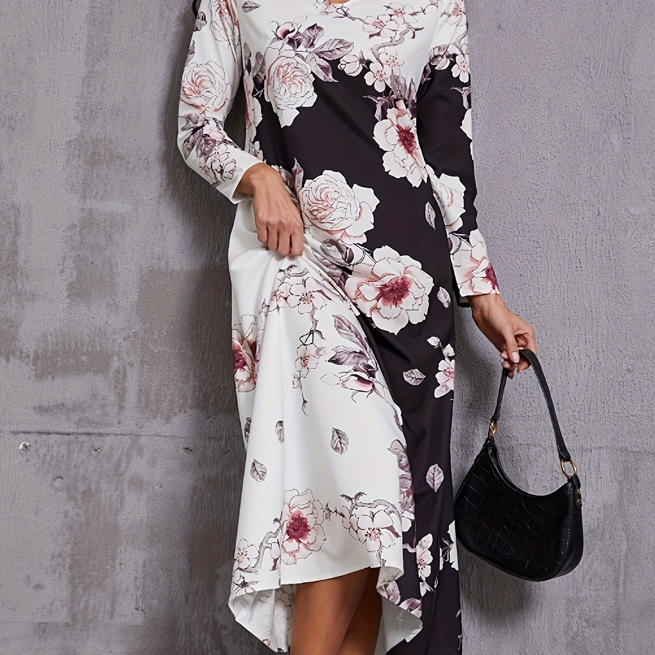 

Floral Print Keyhole Dress, Elegant Long Sleeve Crew Neck Maxi Dress, Women's Clothing