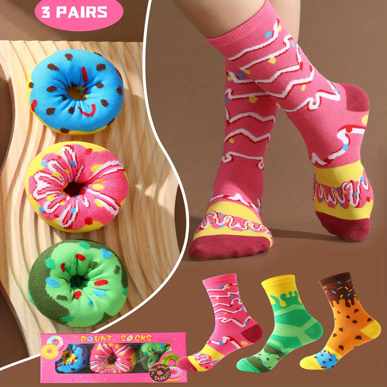 

3 Pairs Novelty Donut Socks, Funny & Stylish Unisex Mid Tube Socks, Women's Stockings & Hosiery