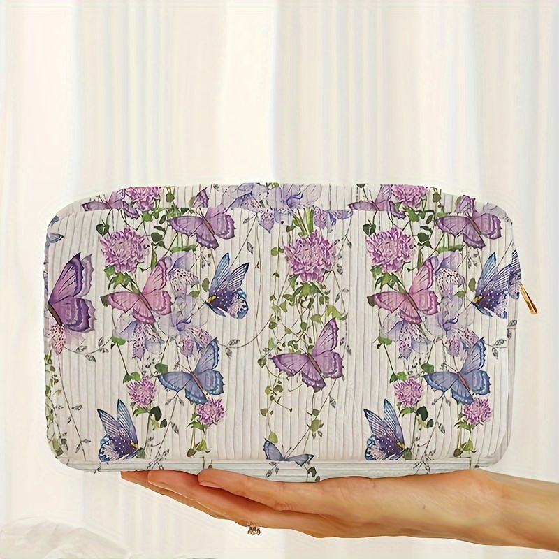 

Chic & Floral Corduroy Makeup Bag - Women' Cosmetic Organizer With Lipstick, Eyeshadow, And Brush Storage