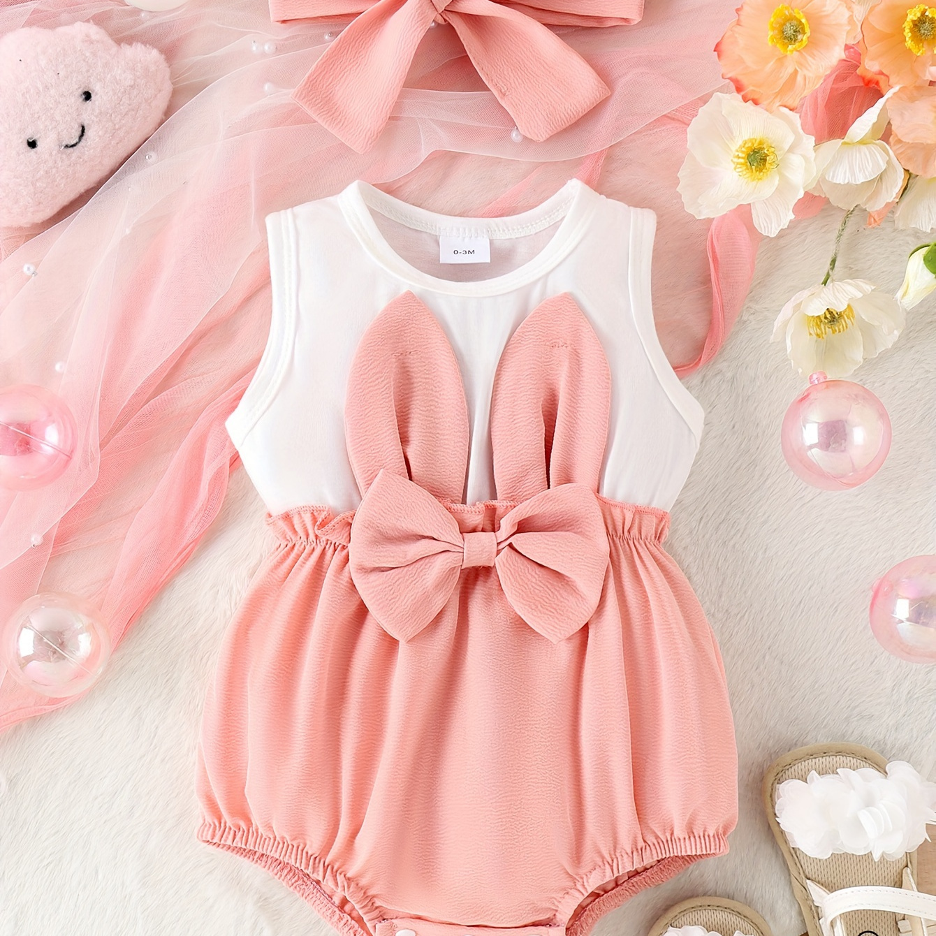

Infant's Color Clash Bunny Ear Decor Bodysuit, Casual Sleeveless Onesie, Baby Girl's Clothing