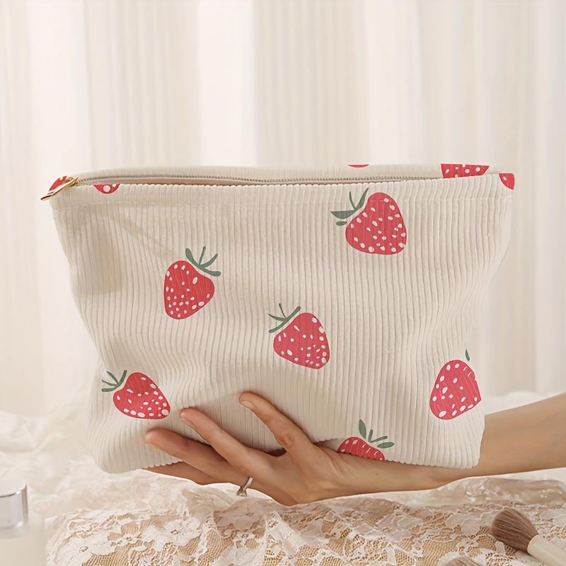 

Strawberry Print Corduroy Makeup Bag - Lightweight, Zippered Cosmetic Pouch With Lining For Toiletries & Accessories