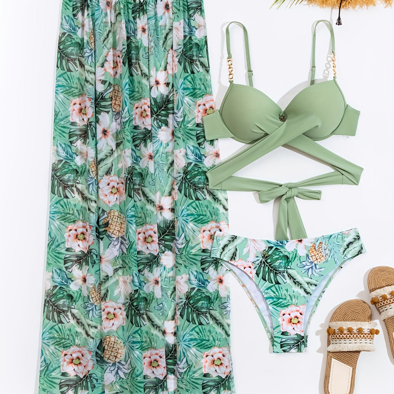 

Tropical Print Stretchy Green 3 Piece Set Swimsuits, Criss Cross Tie Back Push Up Bikini & Split Thigh Cover Up, Women's Swimwear & Clothing