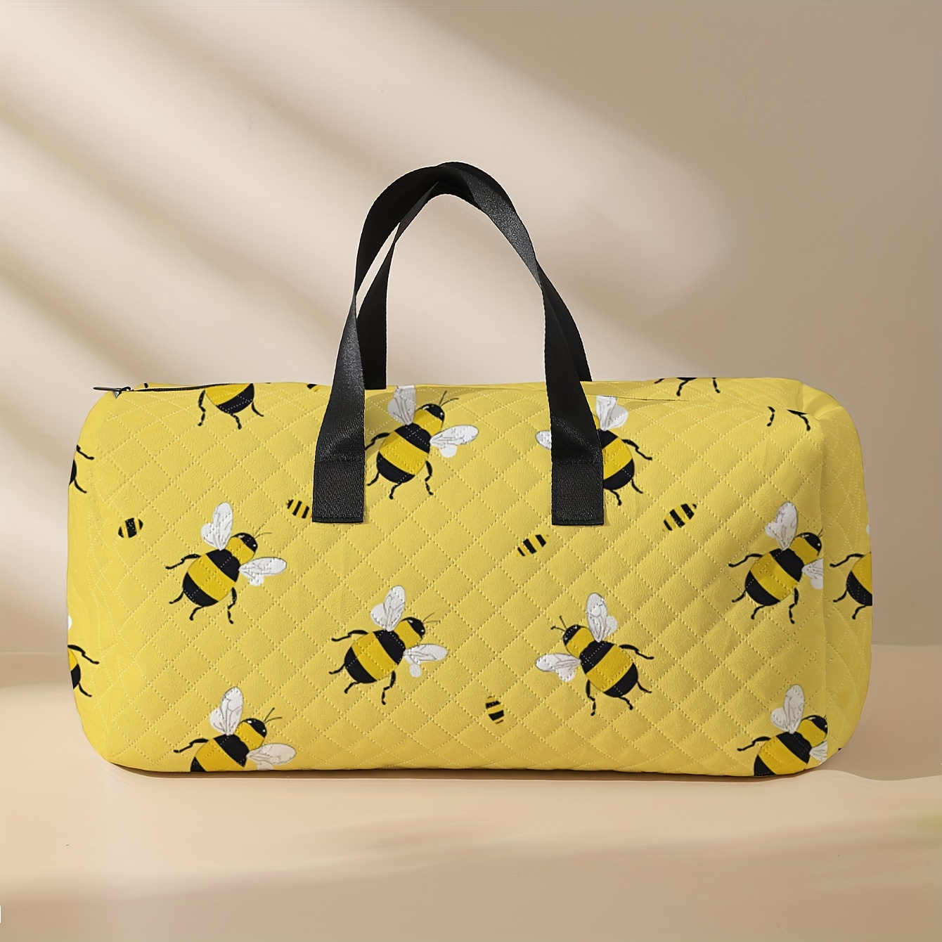 

Large Bee-patterned Quilted Travel Duffel Bag - Vibrant Yellow With Black & White Bees, Polyester, Spacious For Long & Short Trips, Overnight Stays, Yoga - Stylish Handbag Design, Travel Bag