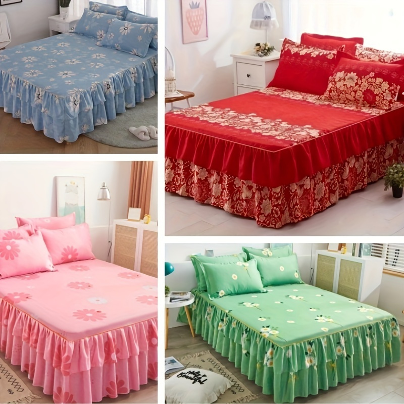 

3pcs Macrame Bed Skirt Set, Flower Printed All Universal Non-slip Bedding Set, Bedroom Bedding (bed Skirt *1+ Pillowcase*2, Without Core)