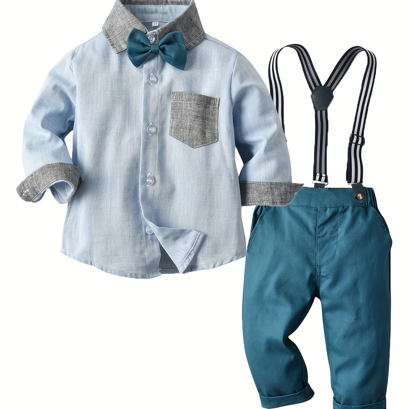 

2pcs Boy's Preppy Style Outfit, Bowtie Shirt & Overall Pants Set, Formal Wear For Speech Performance Birthday Party, Kid's Clothes