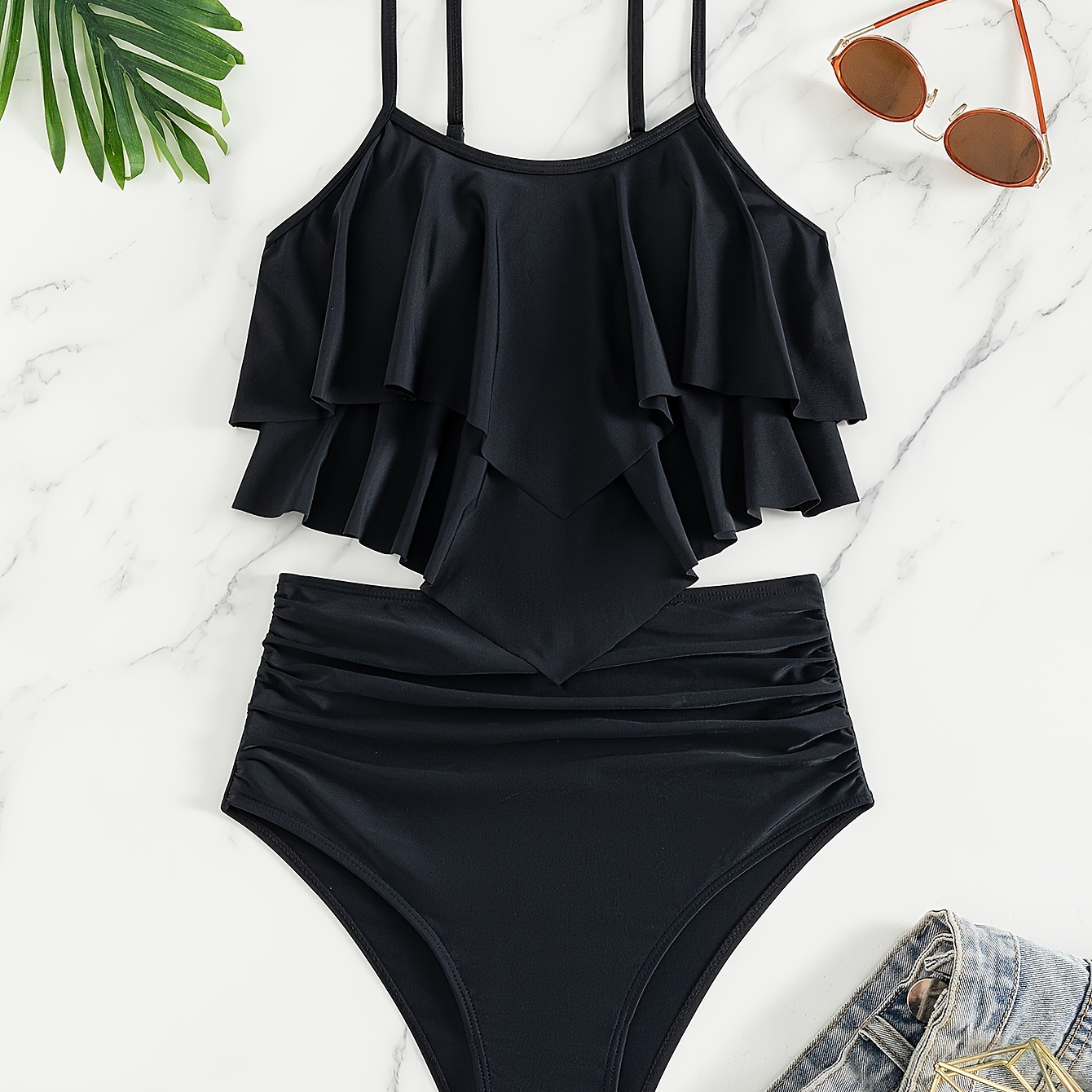 

Ensemble 2 Pièces Noir À Volants À Plusieurs Niveaux Tankini, Maillots de Bain Extensibles Taille Haute Froncés, Maillots de Bain Et Vêtements Pour Femmes