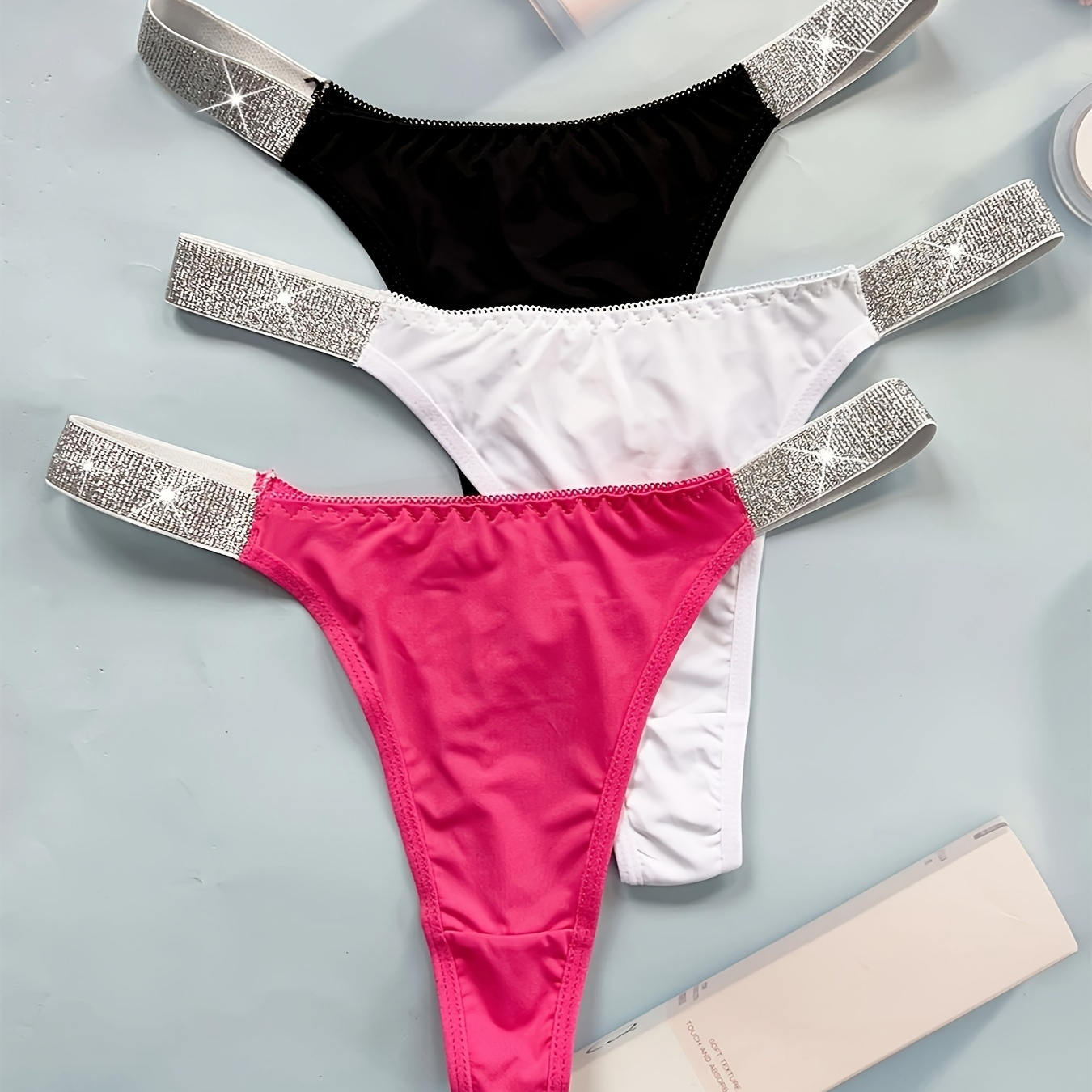 

3pcs Shiny Detail Thongs, Sexy Seamless Low Rise Intimates Panties, Women's Lingerie & Underwear