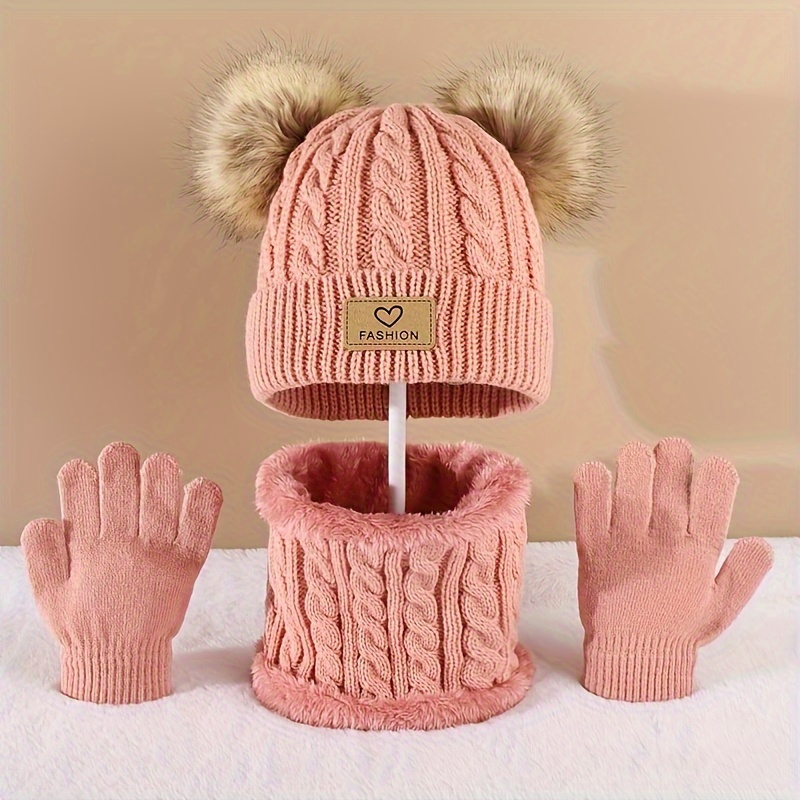 

Winter Cute Fur Ball Beanie With Scarf And Gloves - Autumn & Winter Warm Keeping Knitted Hat + Neck Warmer + Gloves - 3pcs/set