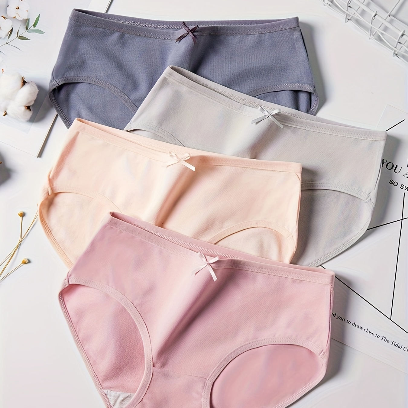 

4pcs Simple Solid Bow Briefs, Comfy Breathable Stretchy Intimates Panties, Women's Lingerie & Underwear